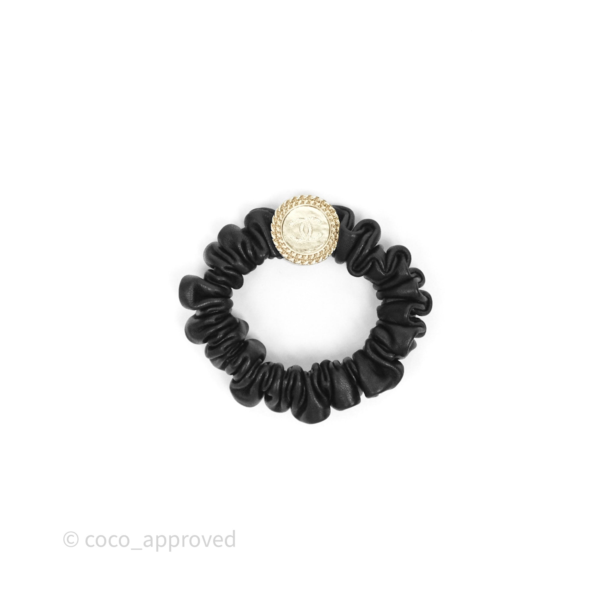 Chanel CC Logo Black Leather Scrunchie Hair Tie with Gold Tone Hardware - Elegant Hair Accessory for Women, Perfect for Parties, Weddings & Everyday Wear