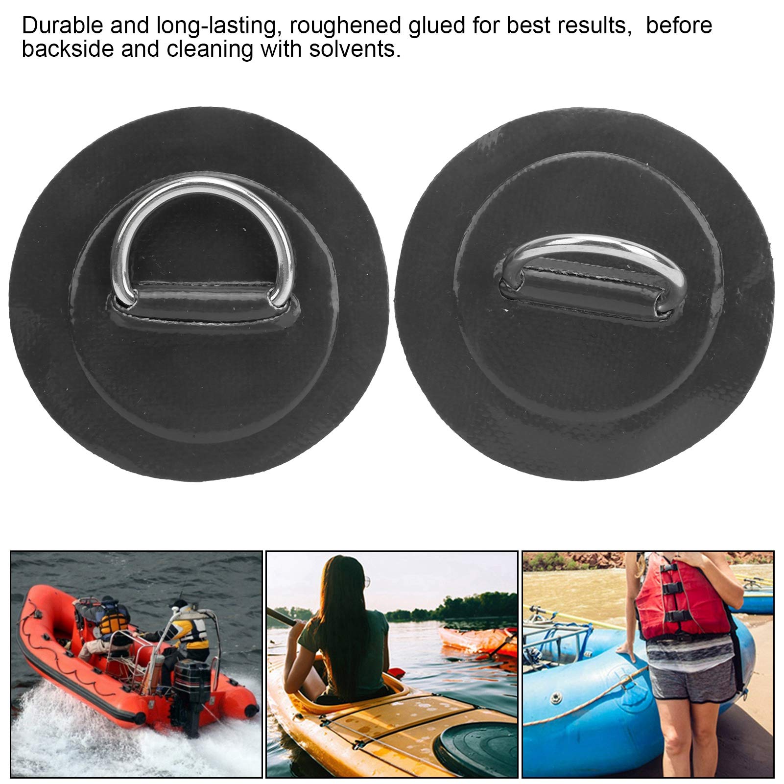 SUNGOOYUE 2-Pack Inflatable Boat D-Ring Patch - Heavy Duty PVC Marine Stainless Steel Buckle for Kayak, Raft, Dinghy - Perfect for Boat Repair & Watercraft Accessories (Black)