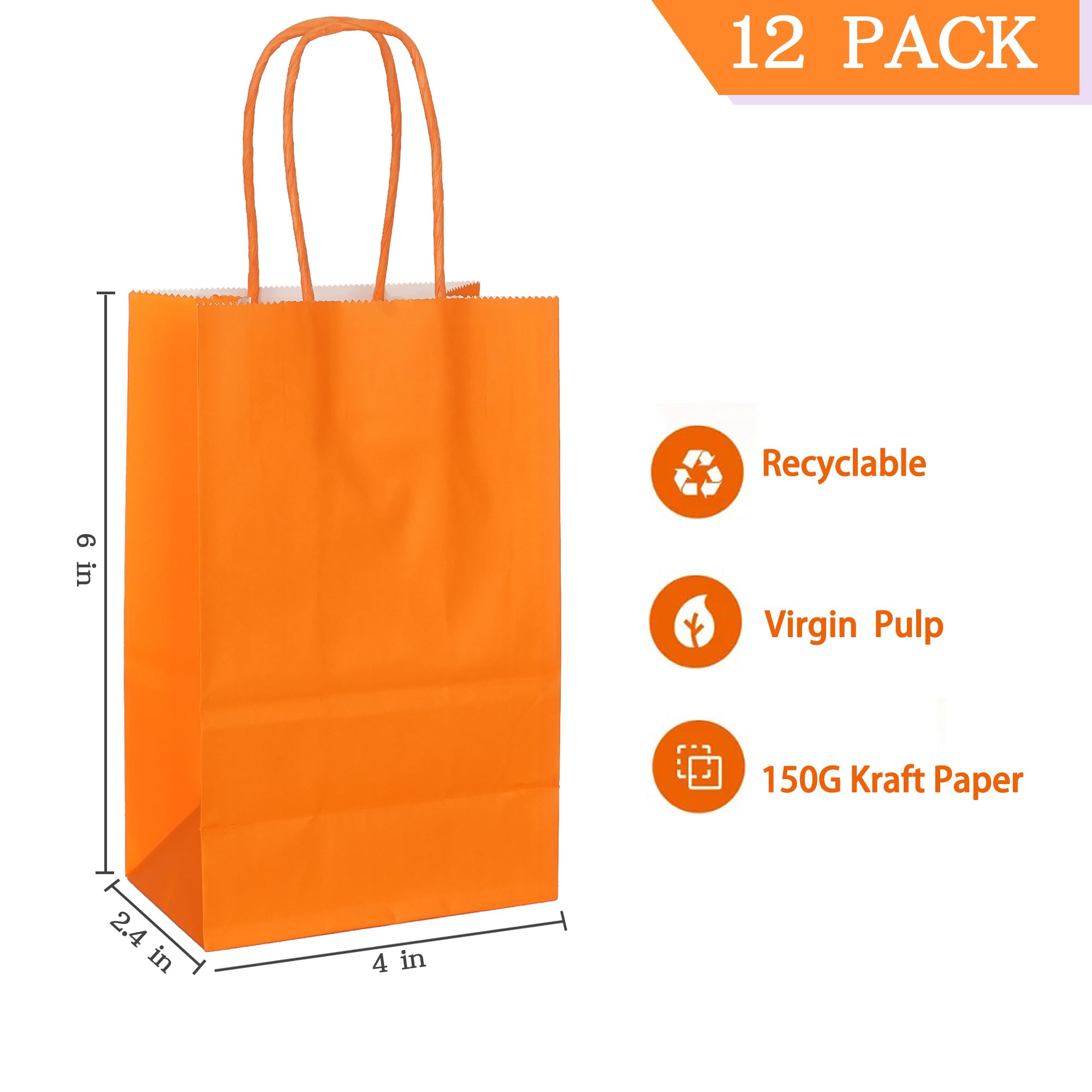 AZOWA 12-Pack Mini Small Kraft Paper Gift Bags with Handles - 4 x 2.4 x 6 Inches, Orange - Perfect for Party Favors, Wedding Decorations, Birthday Gifts & Retail Packaging
