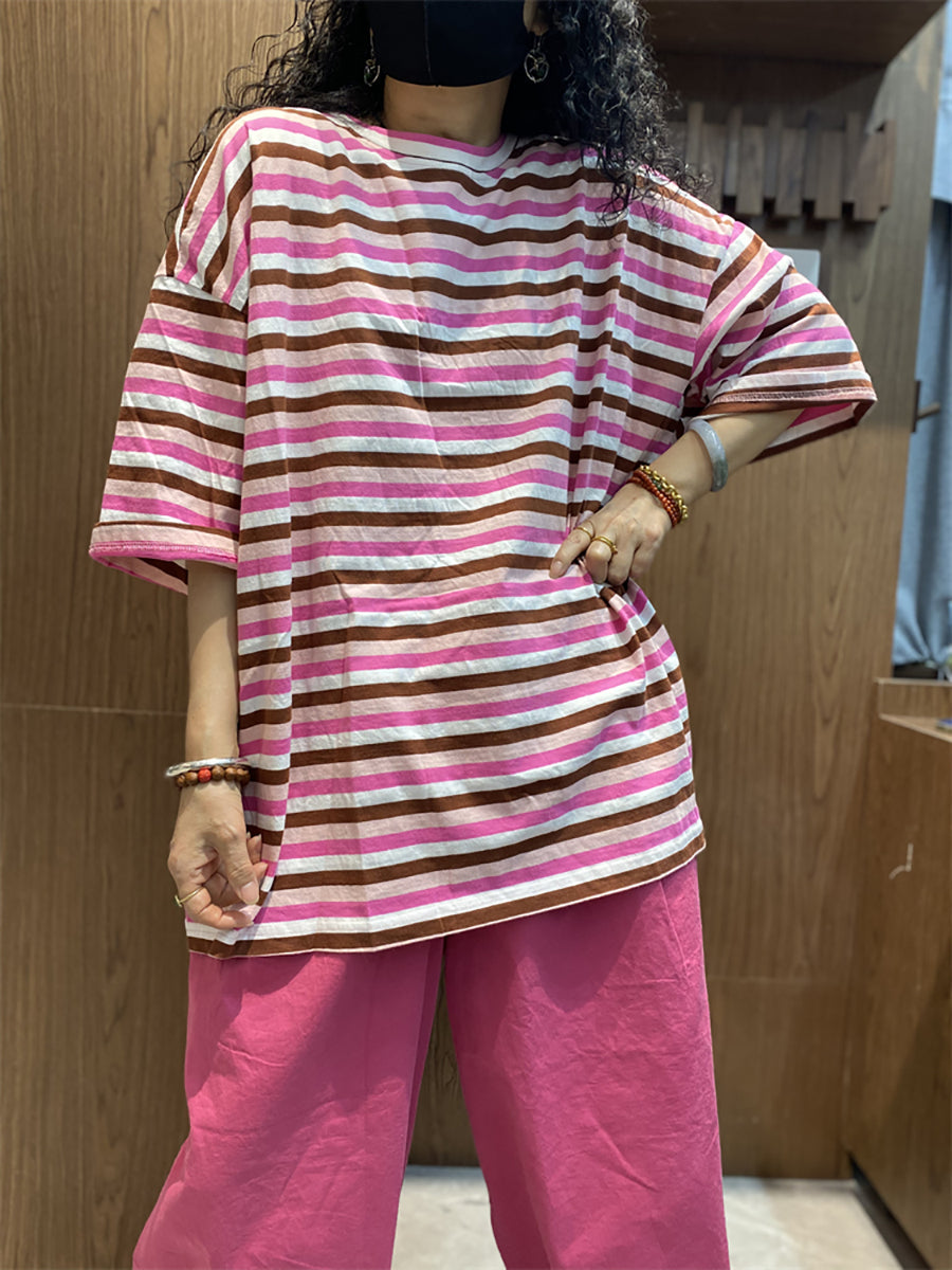 Women's Casual Striped Cotton Shirt - Spring Loose Fit O-Neck Top for Everyday Wear, Office & Weekend Outings