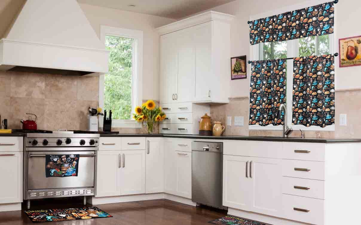 UpNUpCo Artistic Coffee-Themed Kitchen Curtain Set - 3-Piece Bistro Style Window Treatment with Coffee Decor Fabric, Tier & Valance - Perfect for Cafés, Coffee Shops & Cozy Home Kitchens