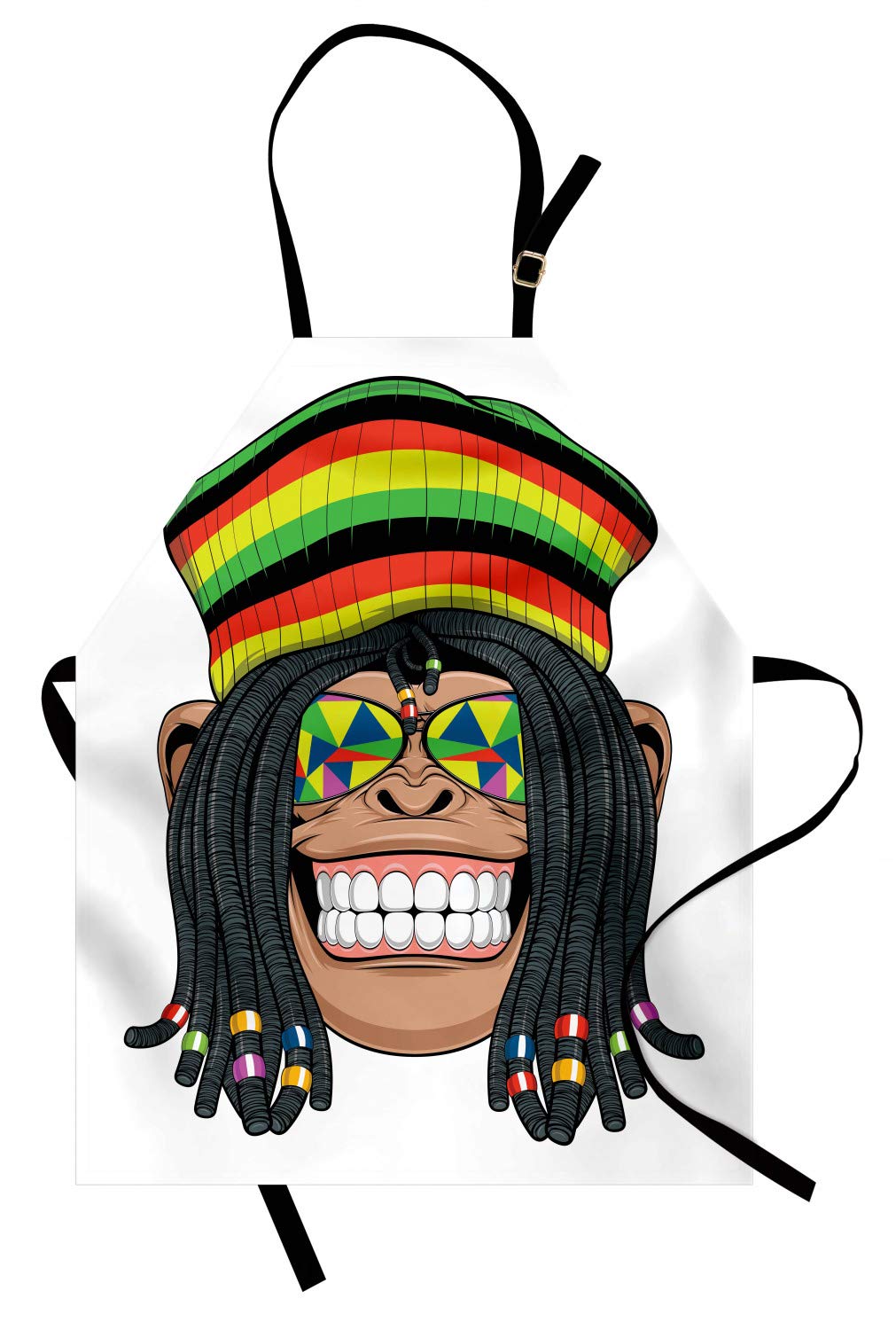 Ambesonne Tropical Animals Apron - Chimpanzee with Dreadlocks & Cap Hippie Musician Monkey Boho Design, Adjustable Neck Unisex Kitchen Bib for Cooking, Baking, BBQ & Gardening, Adult Size Multicolor Apron - Perfect for Home Chefs, Outdoor Grilling & Artsy Gifts
