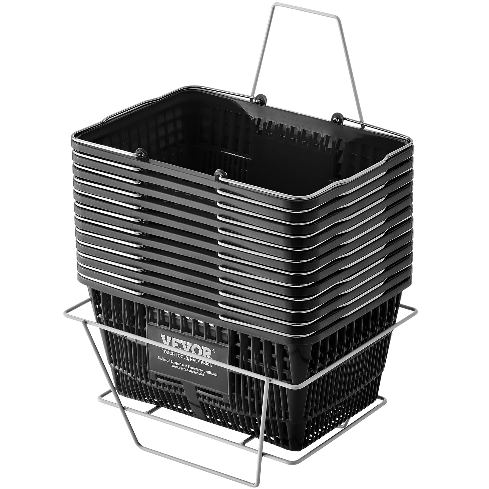 VEVOR 12-Pack 21L Durable Plastic Shopping Baskets with Metal Handles & Stand - 16.73 x 12.01 x 8.58 Inch Portable Grocery Baskets for Retail Stores, Supermarkets & Shopping - Perfect for Quick Checkouts & Organized Displays (Black)