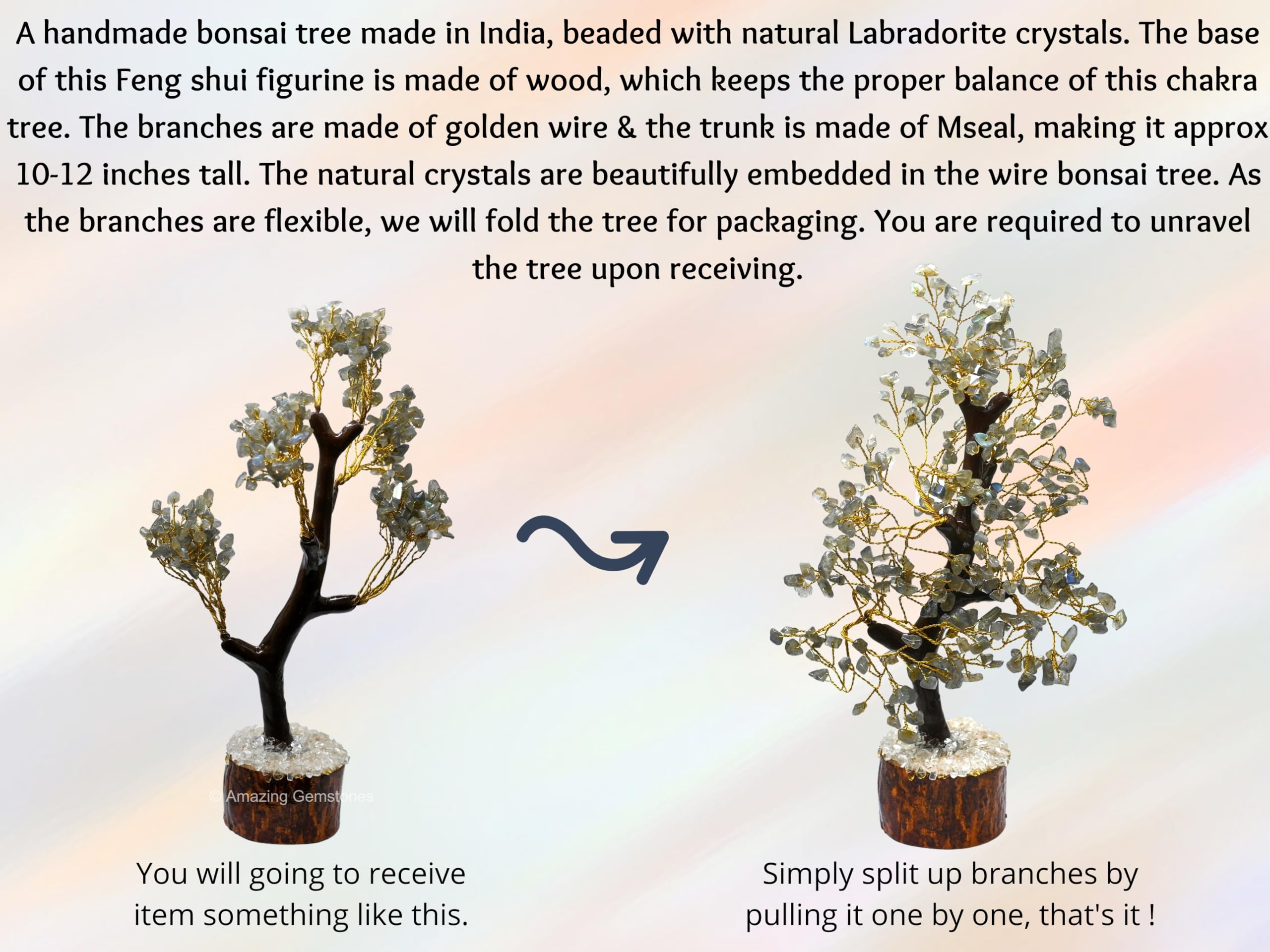 Premium Labradorite Crystal Money Tree - Natural Gemstone Bonsai for Feng Shui, Home & Office Decor (10-12 Inch, Gift Box Ready) - Attract Wealth & Positive Energy for Meditation Spaces, Work Desks & Living Rooms