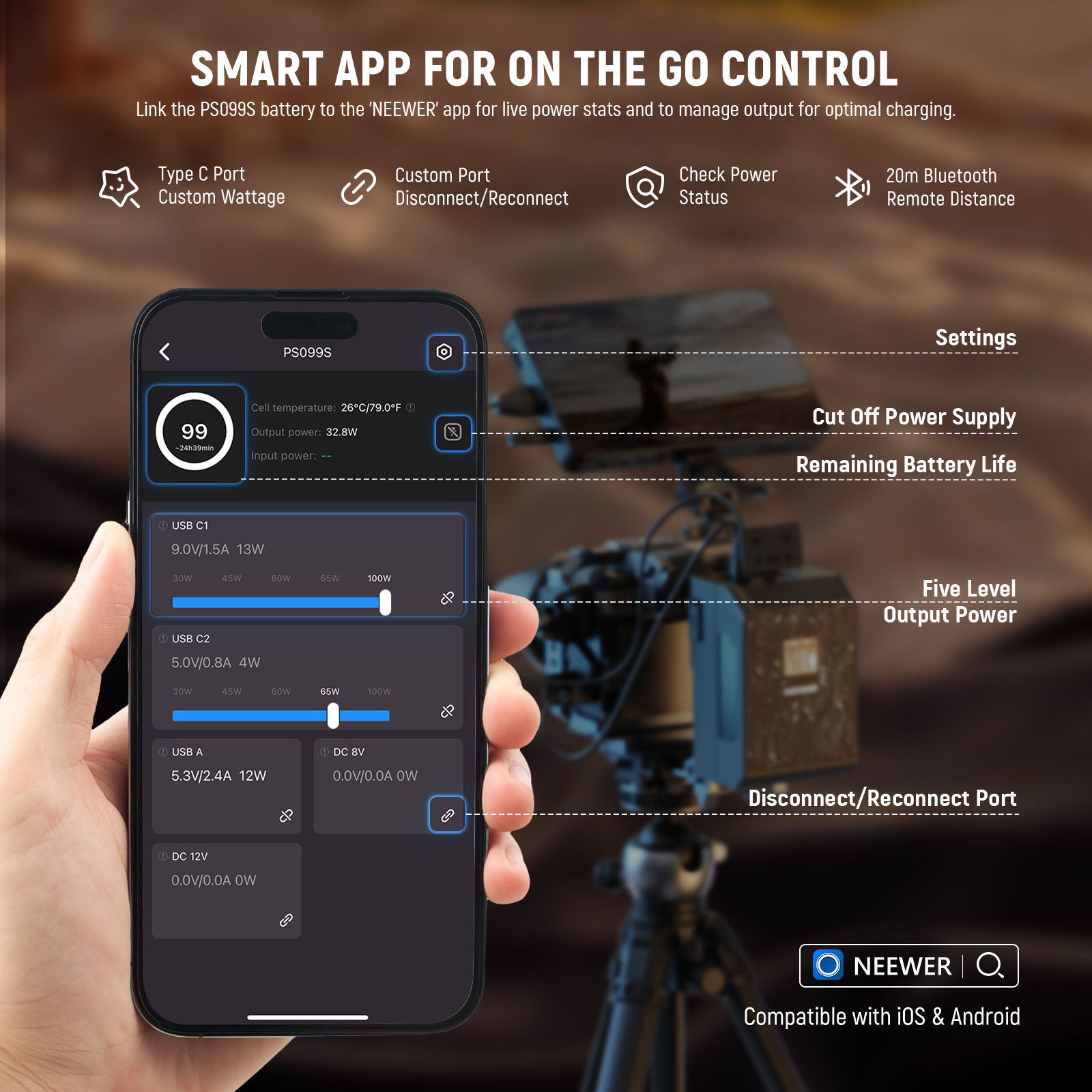 NEEWER V Mount Battery PS099S 6800mAh 99Wh with APP Control - Professional Power Solution for DSLR Cameras, Camcorders & LED Lights - Perfect for Film Making, Photography & Live Streaming