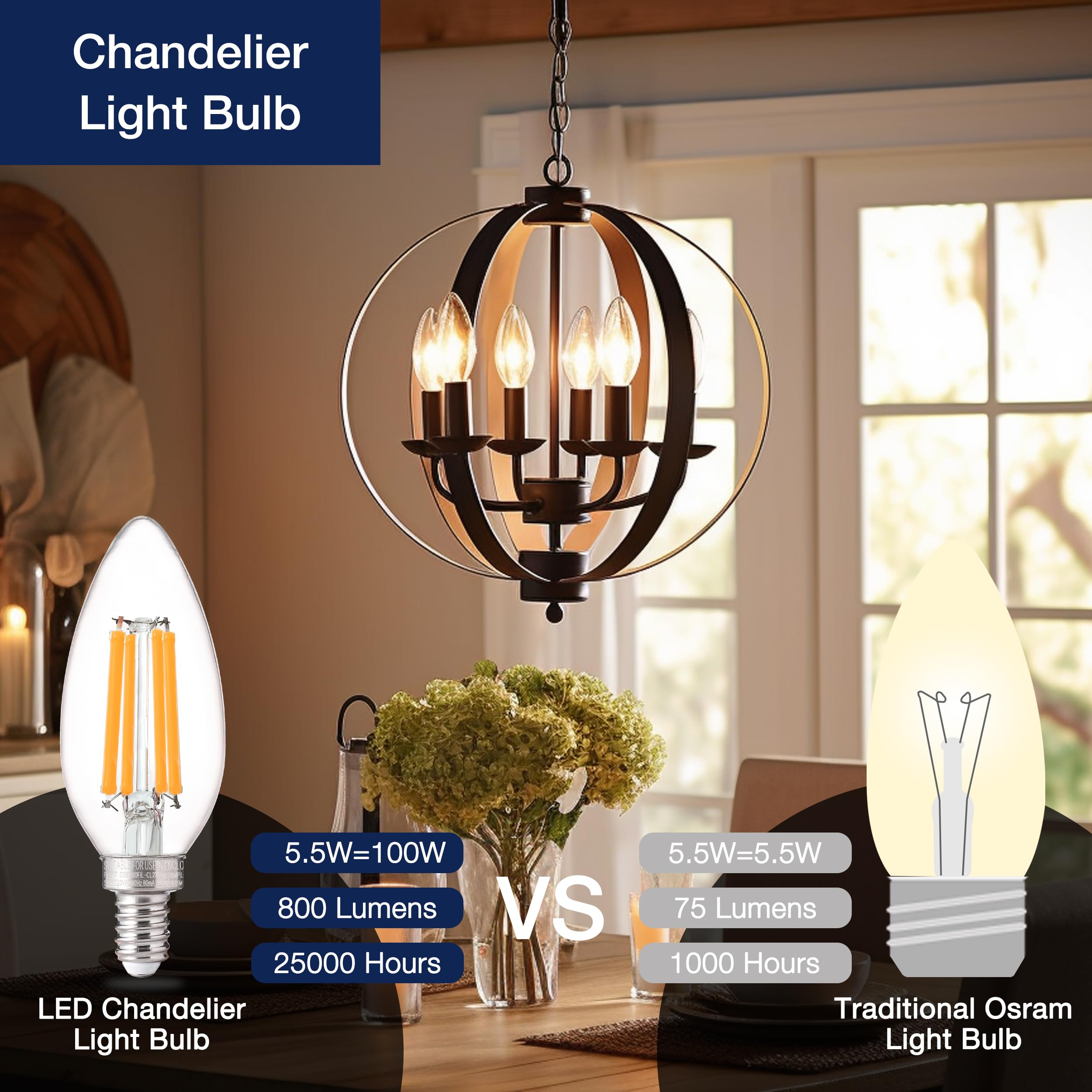 FLSNT 100W Equivalent LED Candelabra Bulbs - 800LM Dimmable B11 E12 Chandelier Light Bulbs (5.5W, 2700K Soft White, 6 Pack) for Bedroom, Living Room & Dining Room Lighting