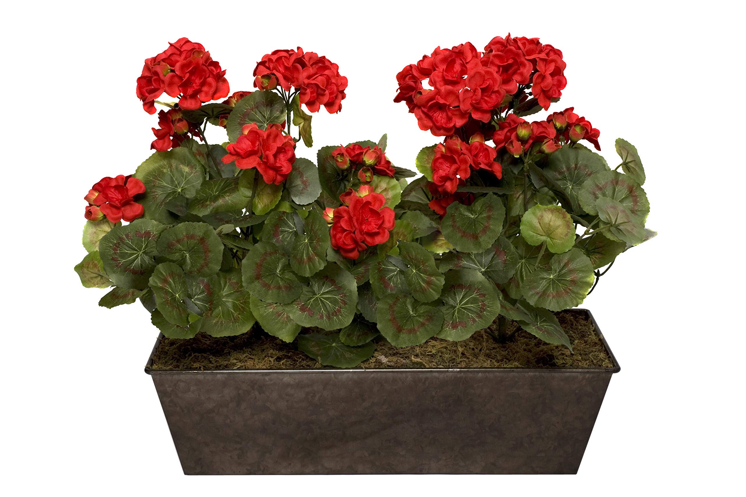 Red Artificial Geraniums in Rustic Tin Planter - 18 Inch Faux Flowers for Window Box Decor, Home & Garden, Wedding Centerpieces, and Outdoor Patio Decorations