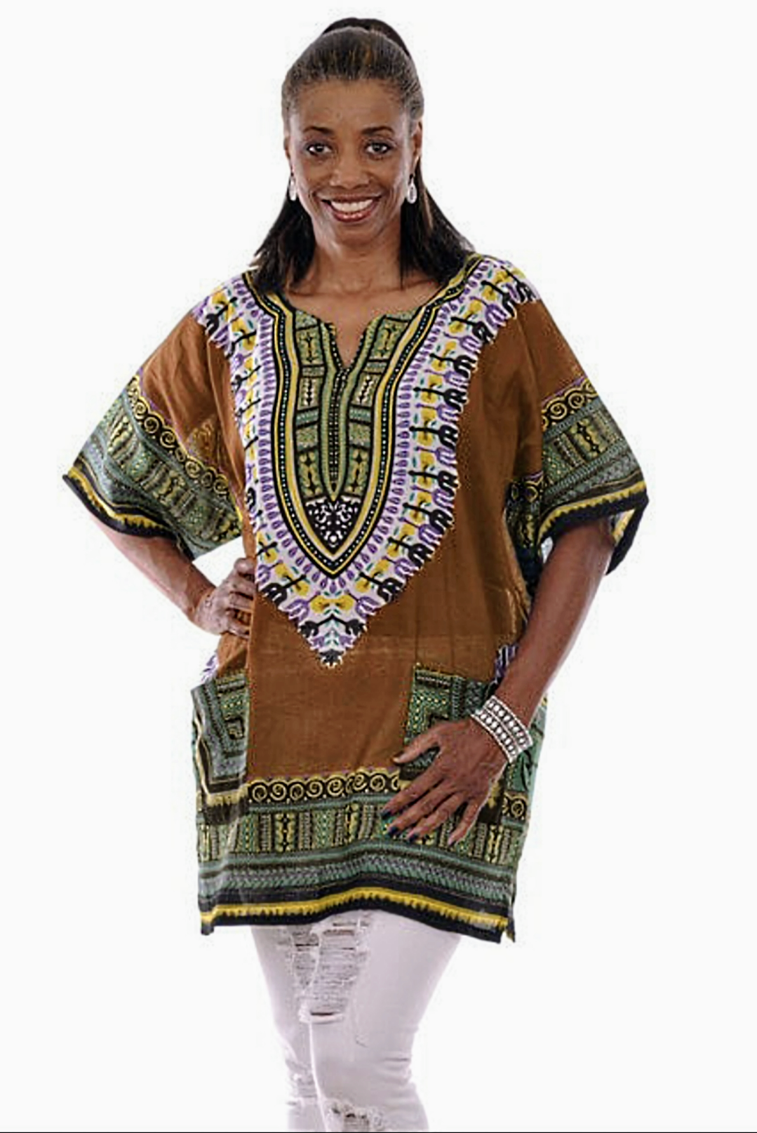 Authentic Bronze Brown African Print Dashiki Shirt DP3757W - Traditional Unisex Tunic for Cultural Events, Weddings & Afrocentric Fashion