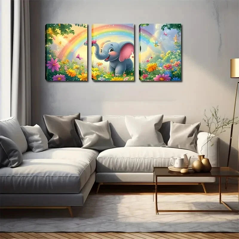 3pcs Baby Elephant and Floral Cartoon Wall Art Set - Framed Canvas Prints 50x70cm - High Quality Australian Made - Perfect for Nursery, Kids Room & Home Decor