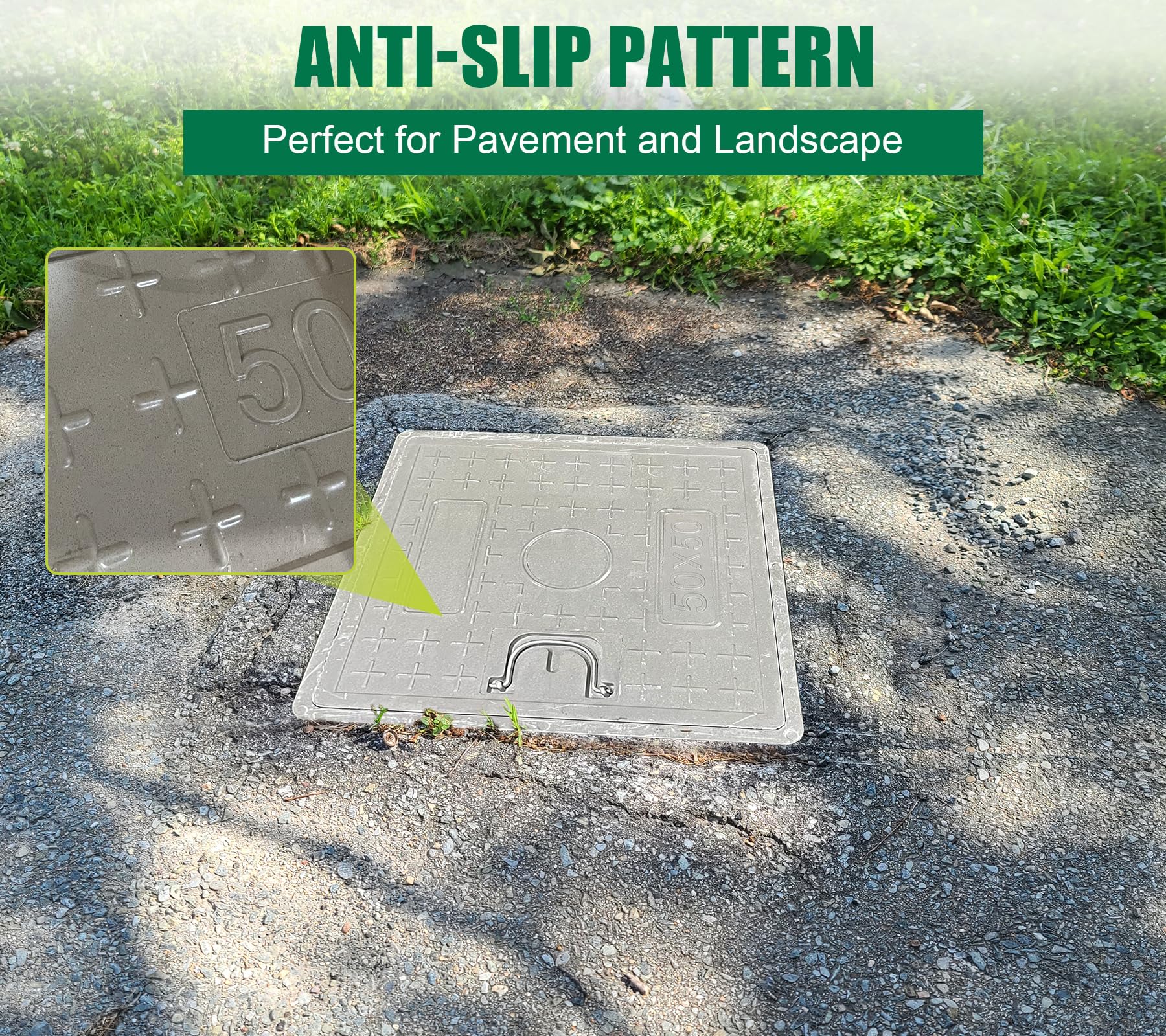 16x16 Inch Square Fiberglass Sewer Cover with Steel Reinforcement - 14x14in Clear Opening, Non-Slip Flat Manhole Lid with Handle - Durable 20x20in Sewage Basin Cover for Storm Drains, Parking Lots & Utility Access