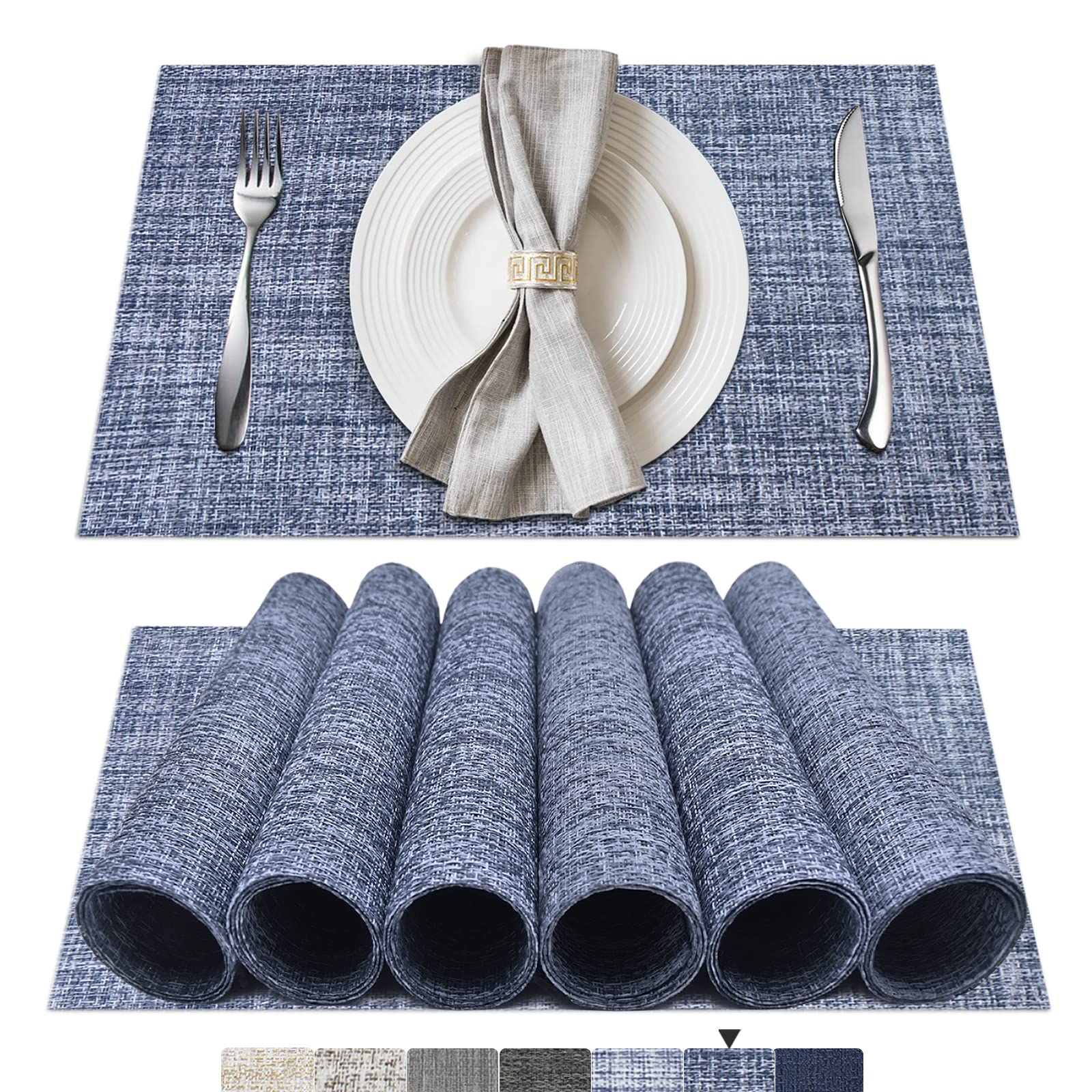 BETEAM Set of 6 Woven Vinyl Placemats - Washable & Durable Table Mats for Indoor/Outdoor Use - Blue - Perfect for Dining, Picnics, and Outdoor Entertaining