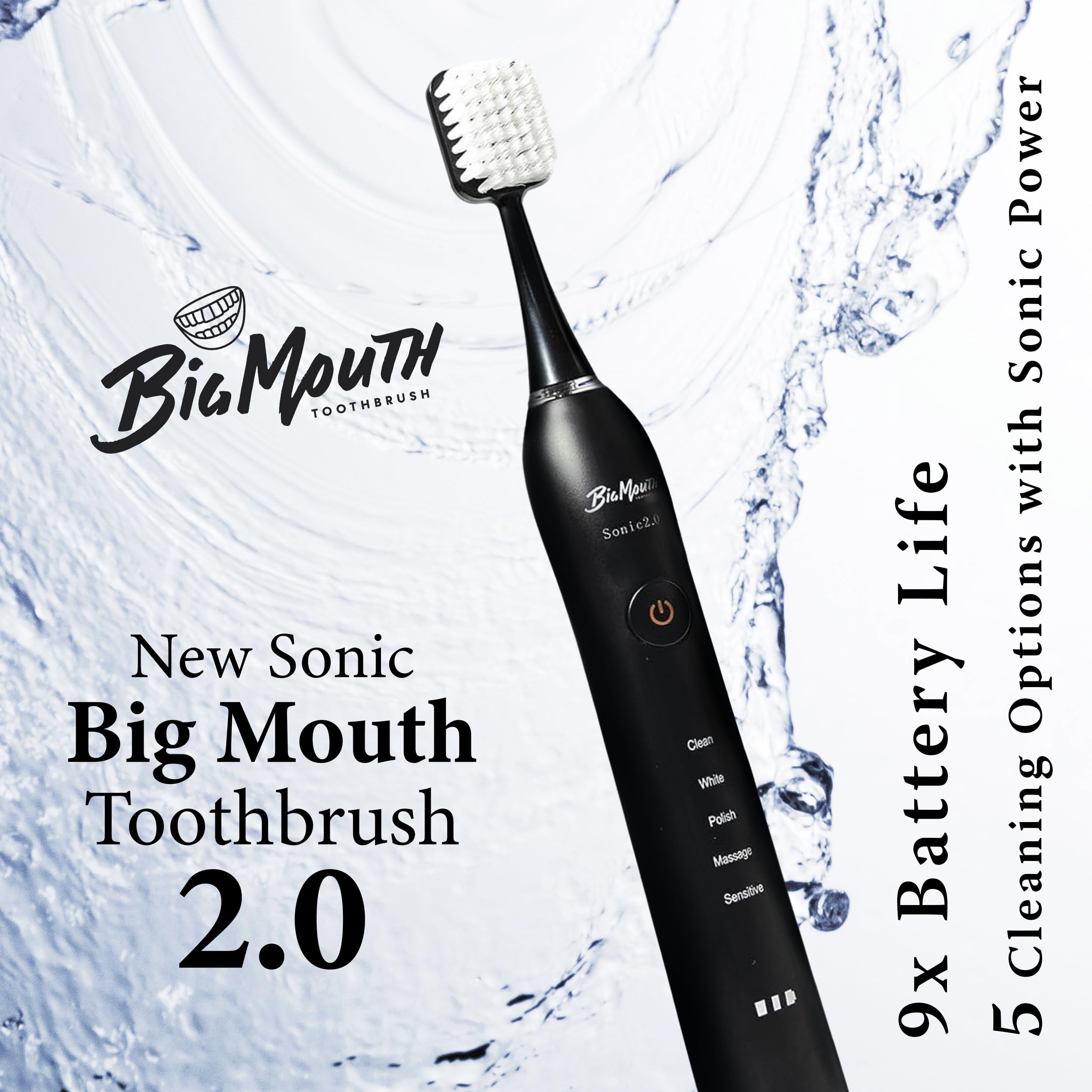 Big Mouth Electric Toothbrush 2.0 Sonic (Black) - Premium Quality Rechargeable Toothbrush for Adults with 4 Brush Heads | Deep Cleaning, Whitening & Gum Care | Perfect for Travel, Home & Office Use