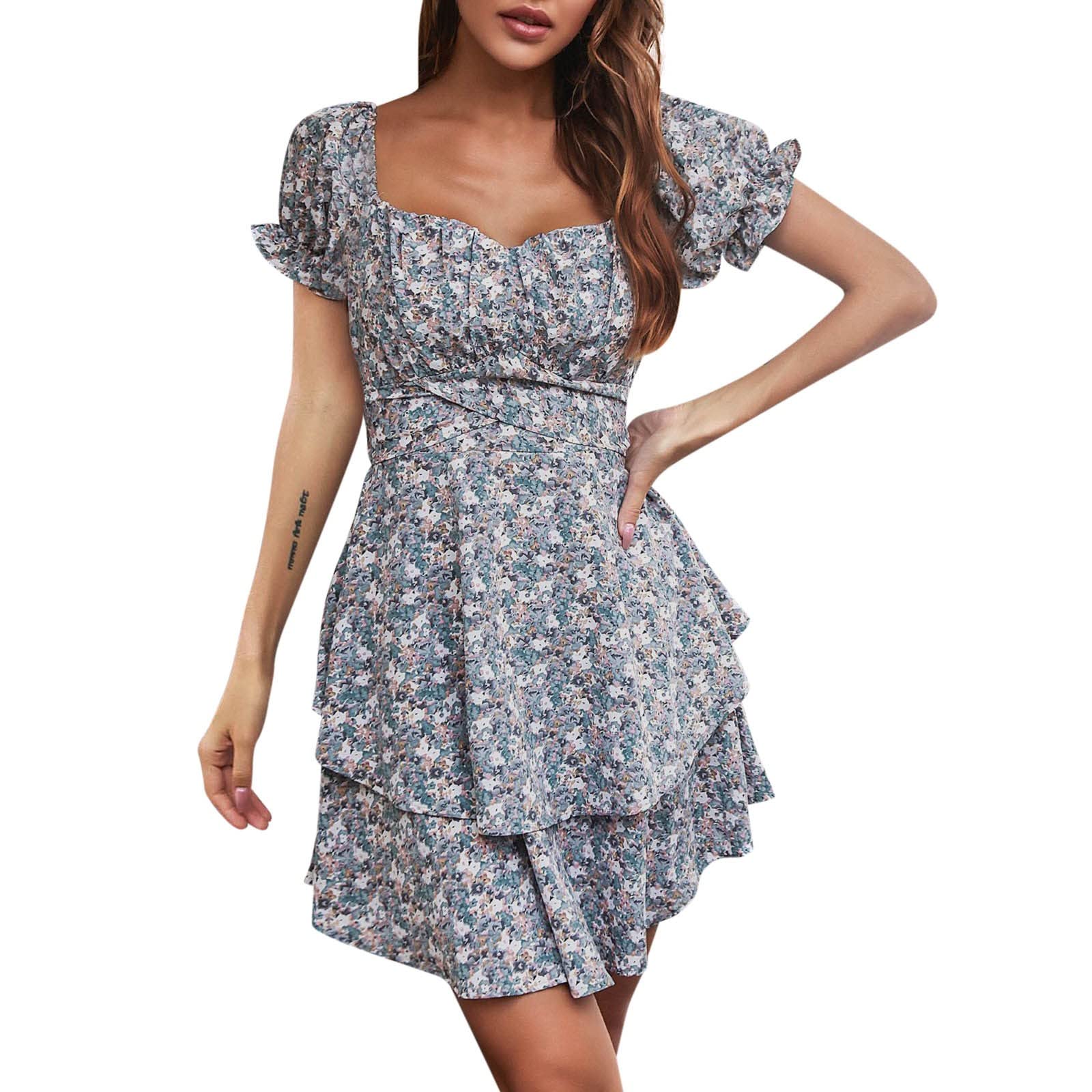 Women's Floral Puff Sleeve Mini Dress with Pockets - Summer Layered Dress for Casual Outings, Beach Vacations & Date Nights
