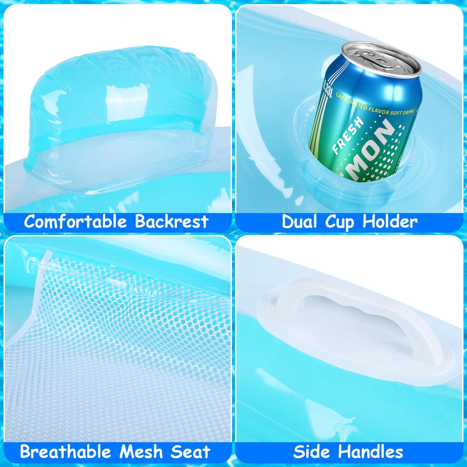 Inflatable Pool Float Chair 2 Pack - Adult Lounge Floats with Dual Cup Holders & Backrest, Comfortable Mesh Seat for Swimming, Beach, Lake - Perfect for Summer Relaxation by Pool, Vacation & Outdoor Water Activities