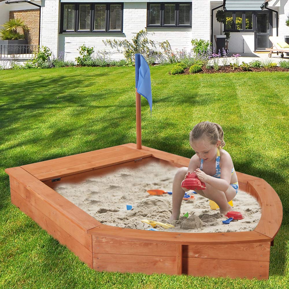 LVSSIAO Wooden Pirate Sandboat Sandbox for Kids - Large Covered Outdoor Sandbox with Bench Seat & Flag Storage - Perfect for Backyard, Garden, Lawn & Home Play Areas
