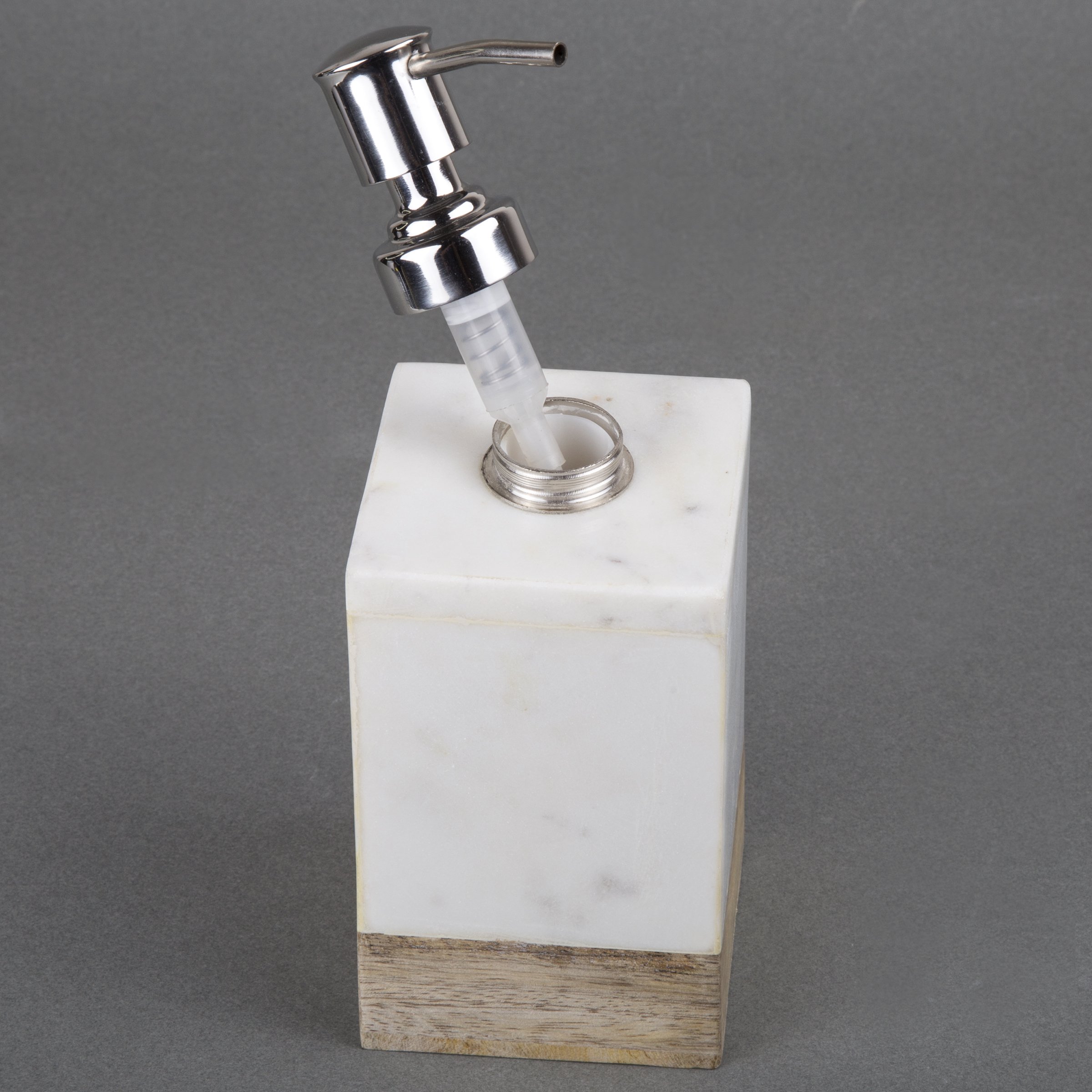 Natural Marble & Mango Wood Soap Dispenser - Stainless Steel Pump Hand Sanitizer Dispenser (3x3x7.3 Inches, Off-White) | Elegant Bathroom & Kitchen Countertop Organizer for Liquid Soap, Lotion or Hand Wash | Home Spa & Luxury Hotel Style Decor