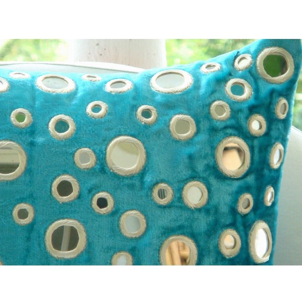 Turquoise Blue Velvet Throw Pillow Covers 18x18 Inch - Geometric Mirror Design Square Cushion Cover for Sofa, Bed & Home Decor - Aqua Reflections Collection