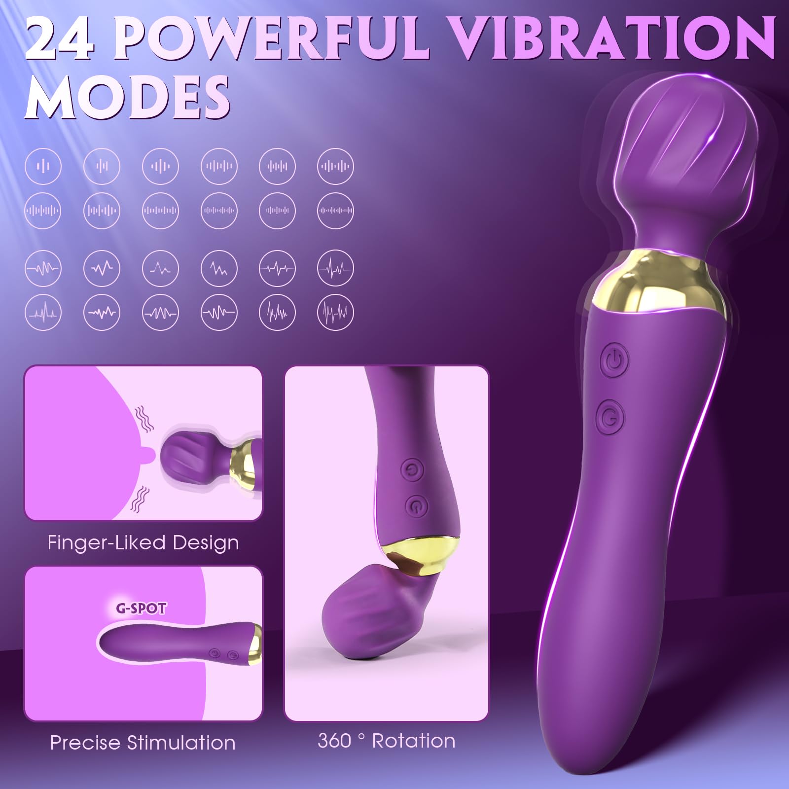 Premium 24-Speed Vibrating Wand Massager with Dual 4D Motors - Waterproof Purple Adult Toy for Women - Perfect for Sensual Massage, Couples Play & Solo Pleasure