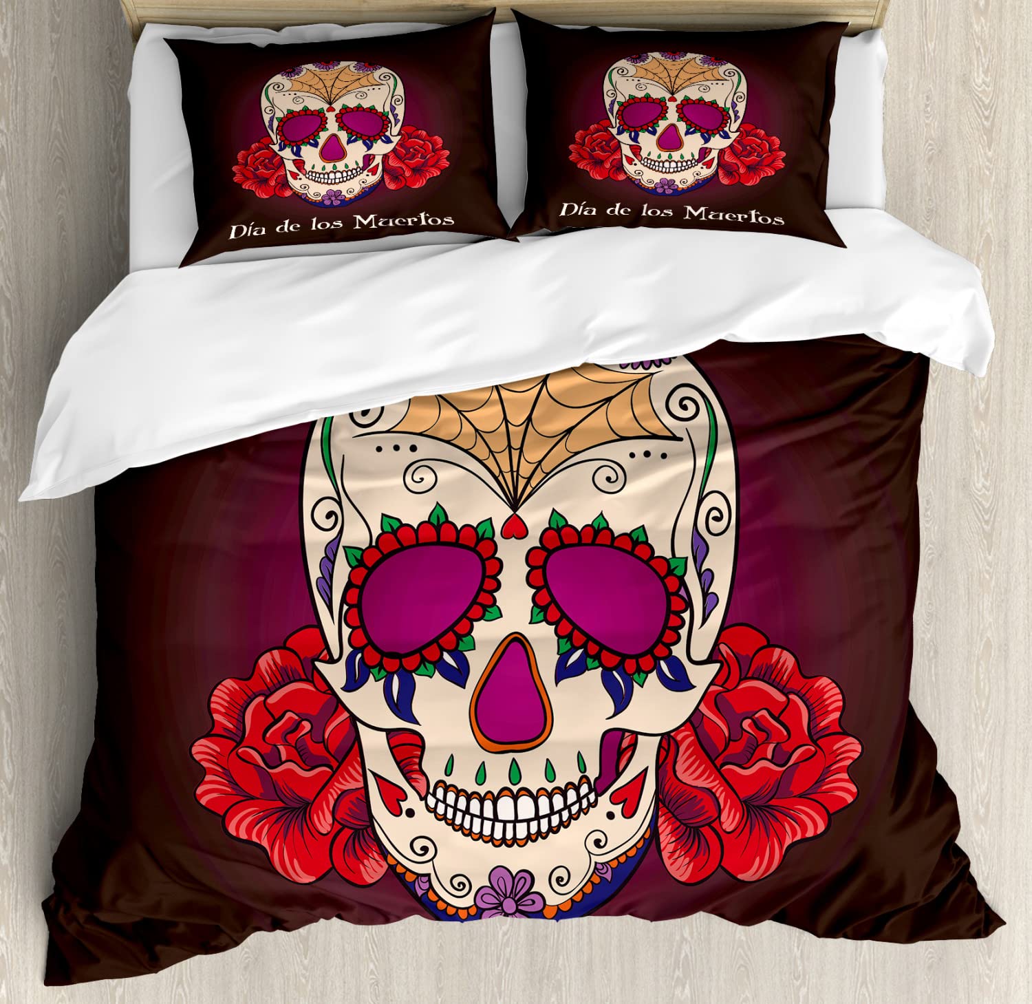 Ambesonne Day of The Dead Duvet Cover Set - Dia de Los Muertos Spanish Skull & Skeleton Print Bedding - 2 Duvet Covers & 4 Pillowcases, Queen Size 2-Pack in Plum Red Cream - Perfect for Halloween, Mexican Culture Themed Bedrooms & Unique Home Decor