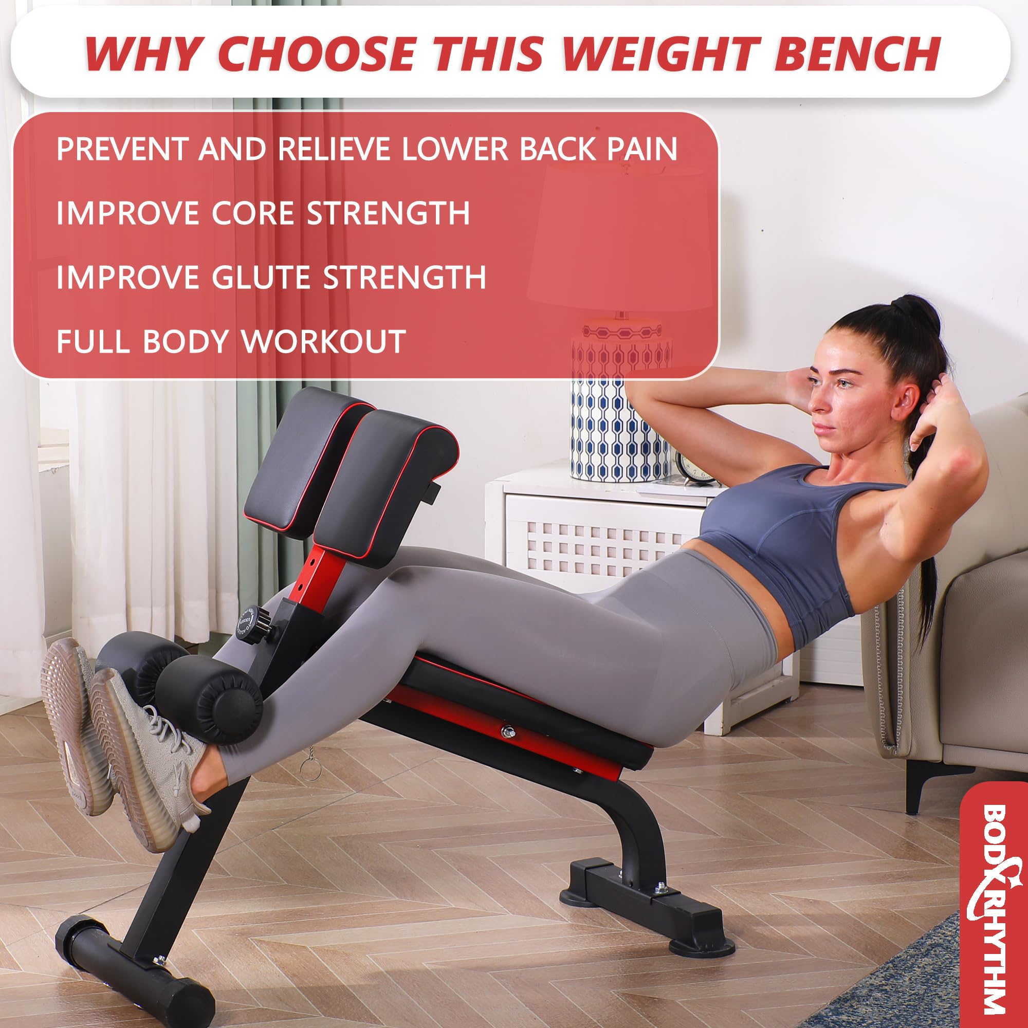 BODYRHYTHM Adjustable Weight Bench - Multi-Functional Home Gym Equipment for Strength Training, Ab Workouts & Back Exercises | Foldable Design for Small Spaces | Perfect for Full Body Workouts, Sit-Ups & Hyperextensions