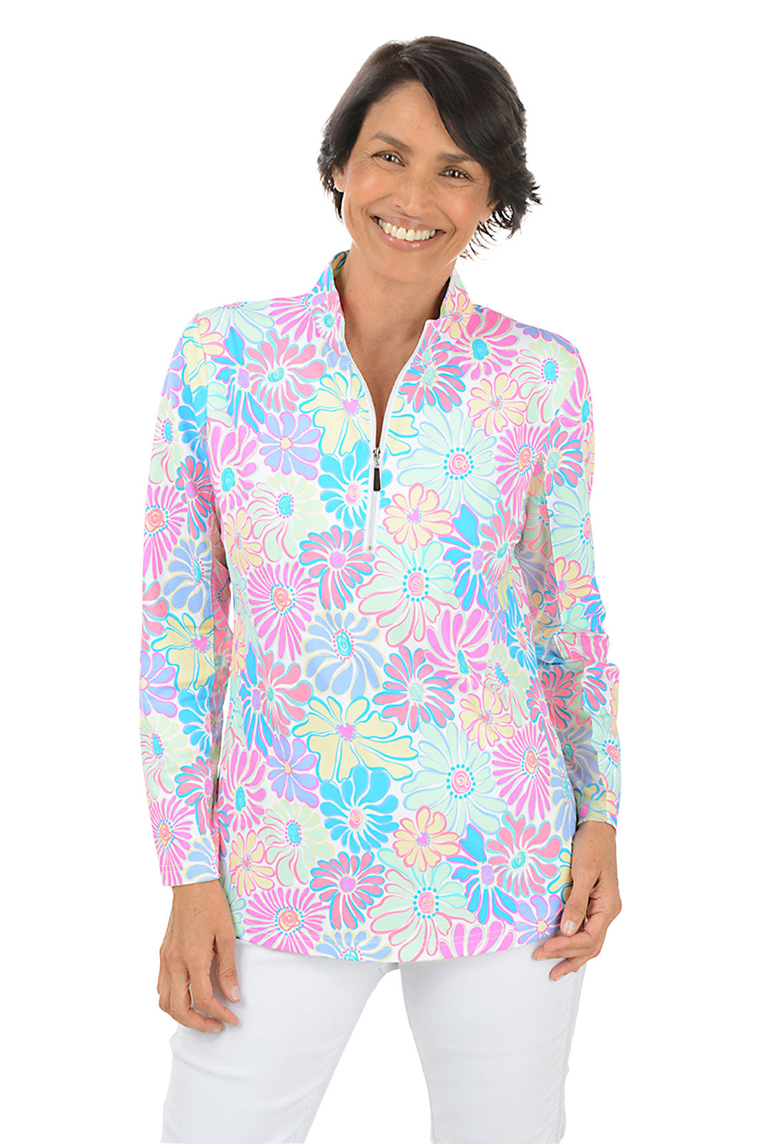 Flower Power UPF50+ Cooling Mock Neck Top for Women - Sun Protection & Breathable Shirt for Outdoor Activities, Hiking, and Summer Travel
