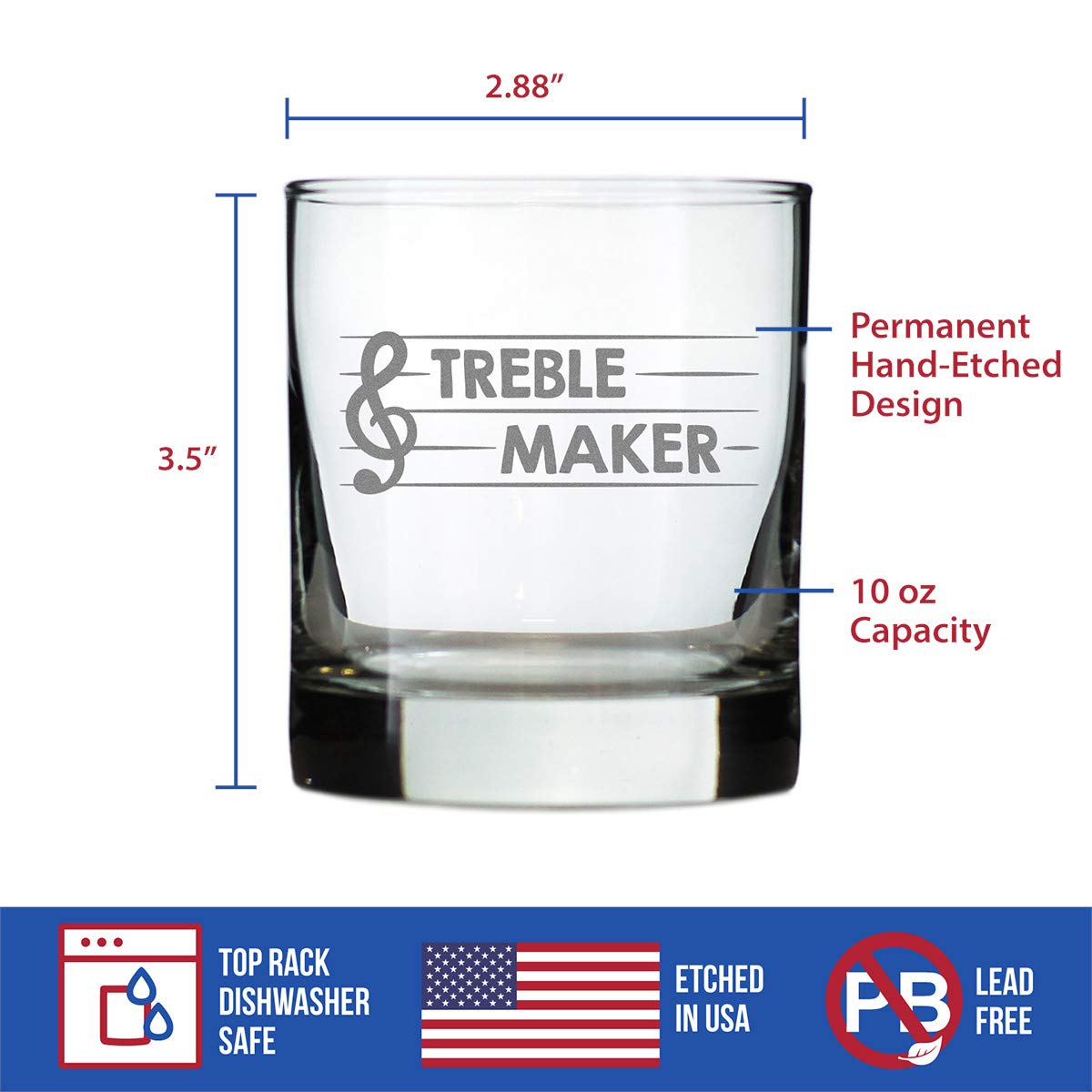 Treble Maker Whiskey Rocks Glass - Unique Music Teacher Gift for Men & Women - 10.25 Oz Crystal Clear Ice Cube Tumbler - Perfect for Bourbon, Scotch & Cocktails at Home Bar or Music Studio