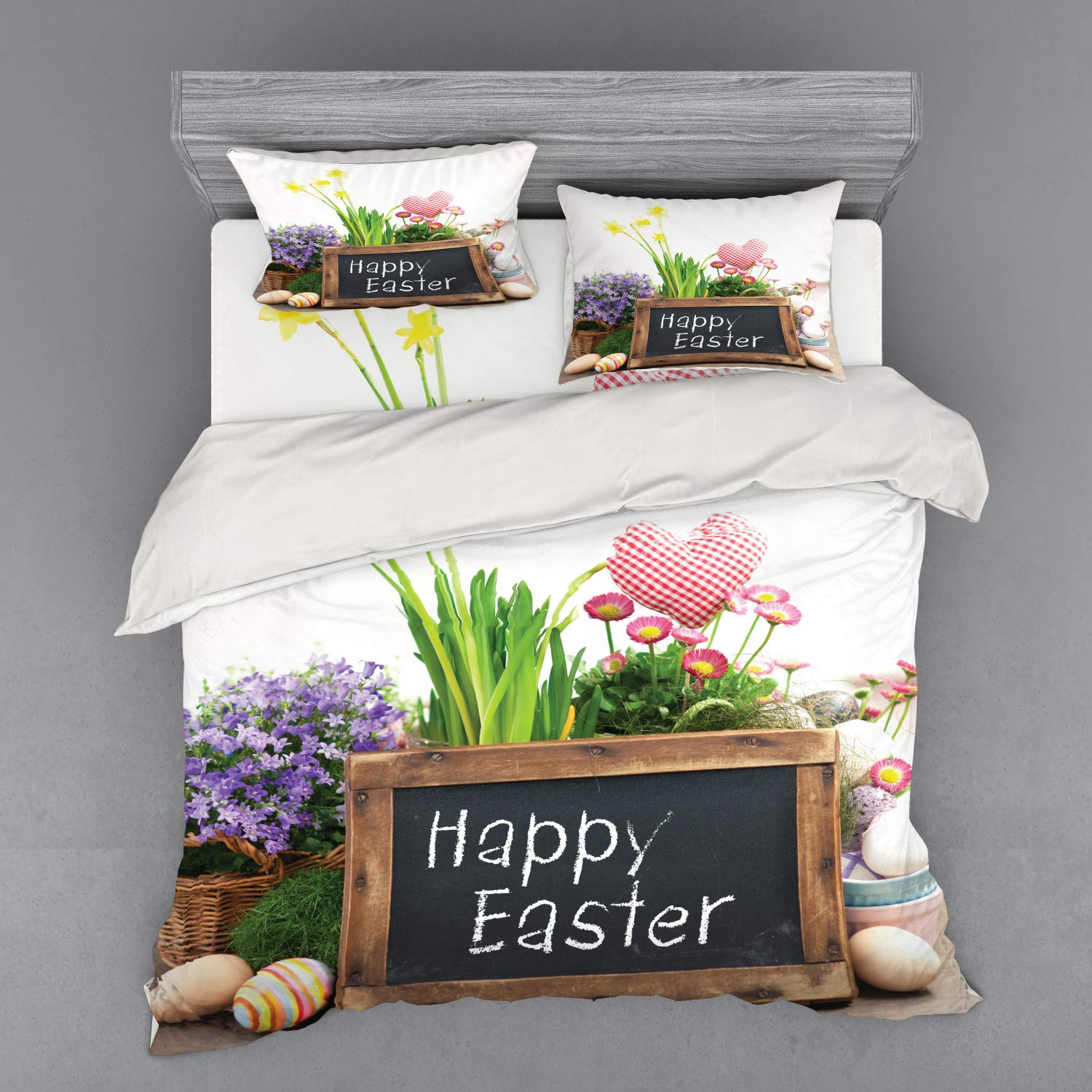 Ambesonne Easter Duvet Cover Set 4-Piece King Size - Floral Egg Chalkboard Design on Rustic Wooden Table - Holiday Bedding Set with Shams & Fitted Sheet - Perfect for Spring Decor, Easter Celebrations & Farmhouse Style Bedrooms
