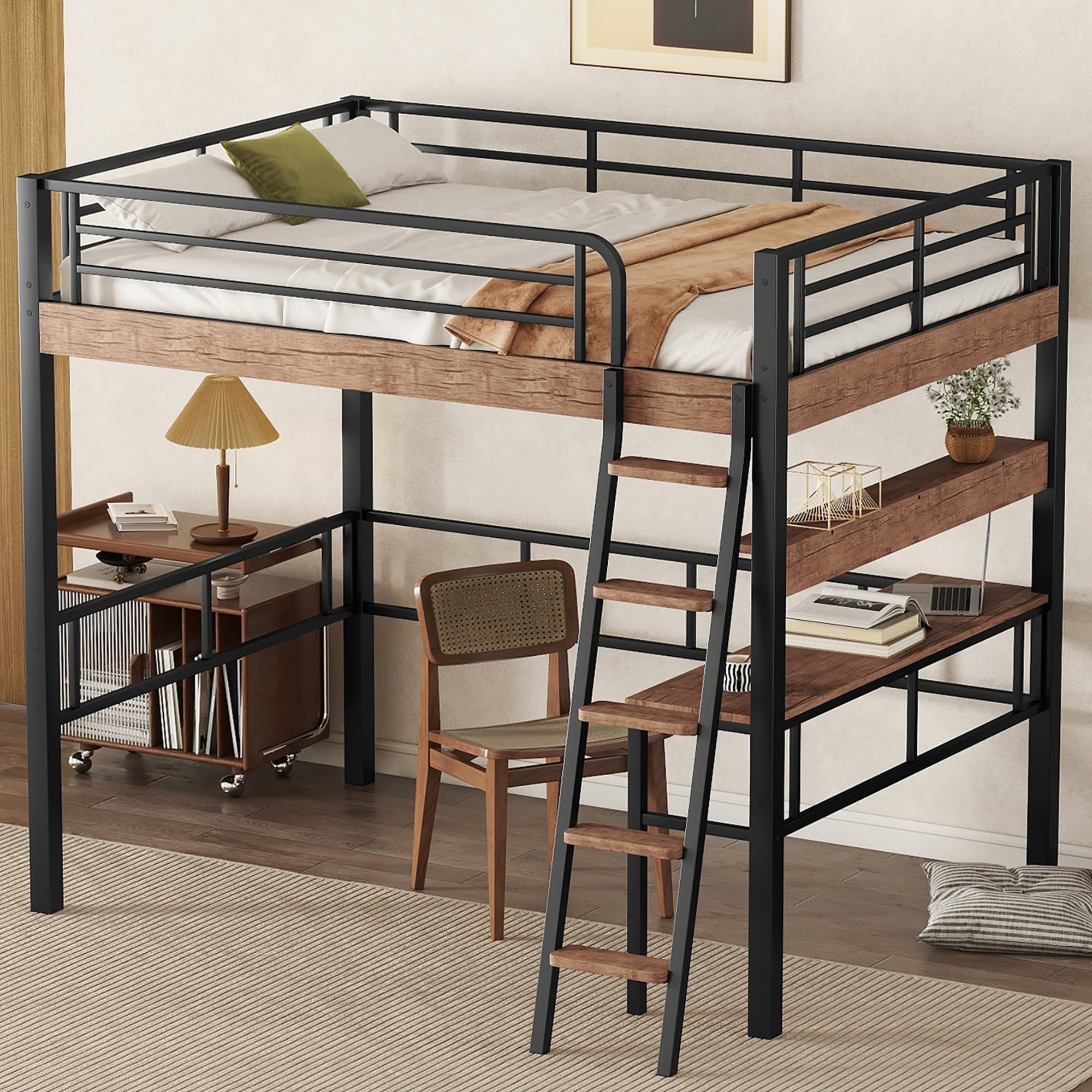 Full Size Loft Bed with Desk & Storage Shelf - Sturdy Metal Frame, Built-in Ladder & Safety Guardrail - Space-Saving Black Loft Bed for Kids & Teens - Perfect for Small Bedrooms, Dorms & Studio Apartments