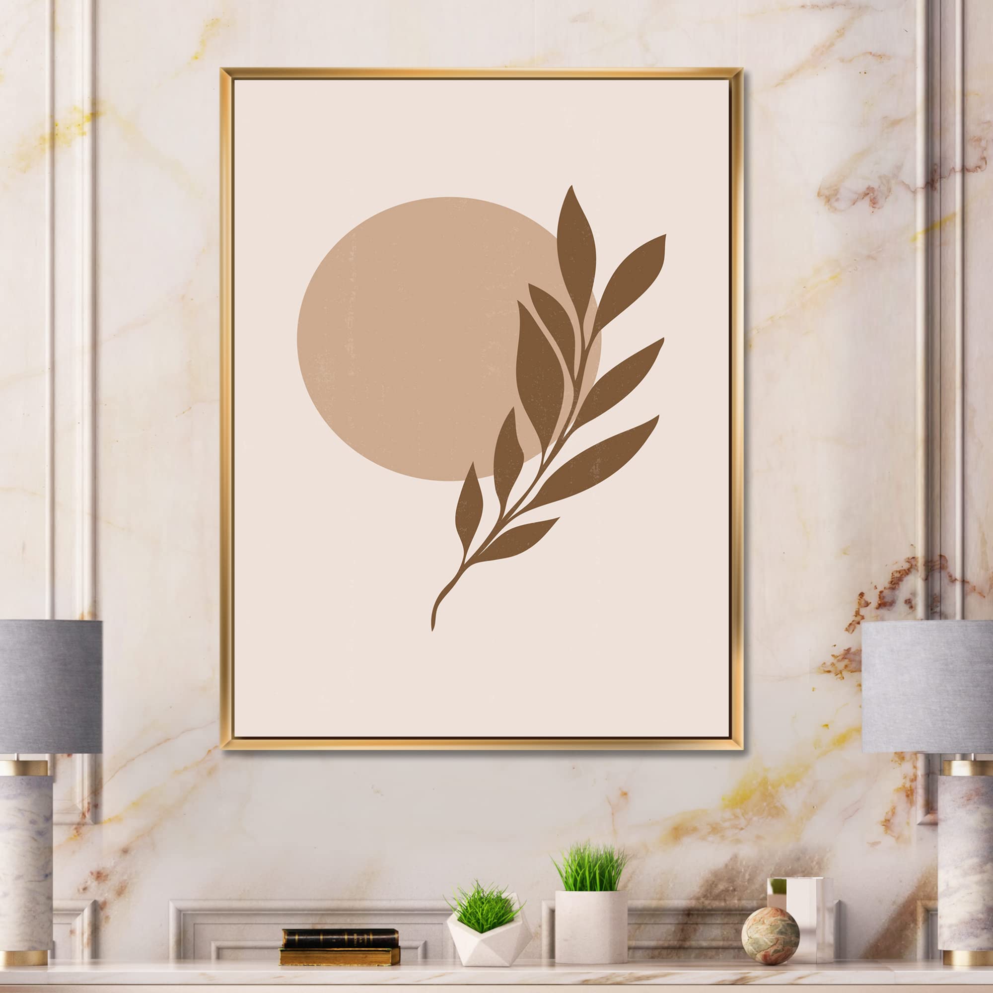 Abstract Terracotta Sun & Moon With Tropical Leaf - Modern Framed Canvas Wall Art Print for Living Room, Bedroom & Office Decor | Home Wall Decoration | Unique Gift Idea
