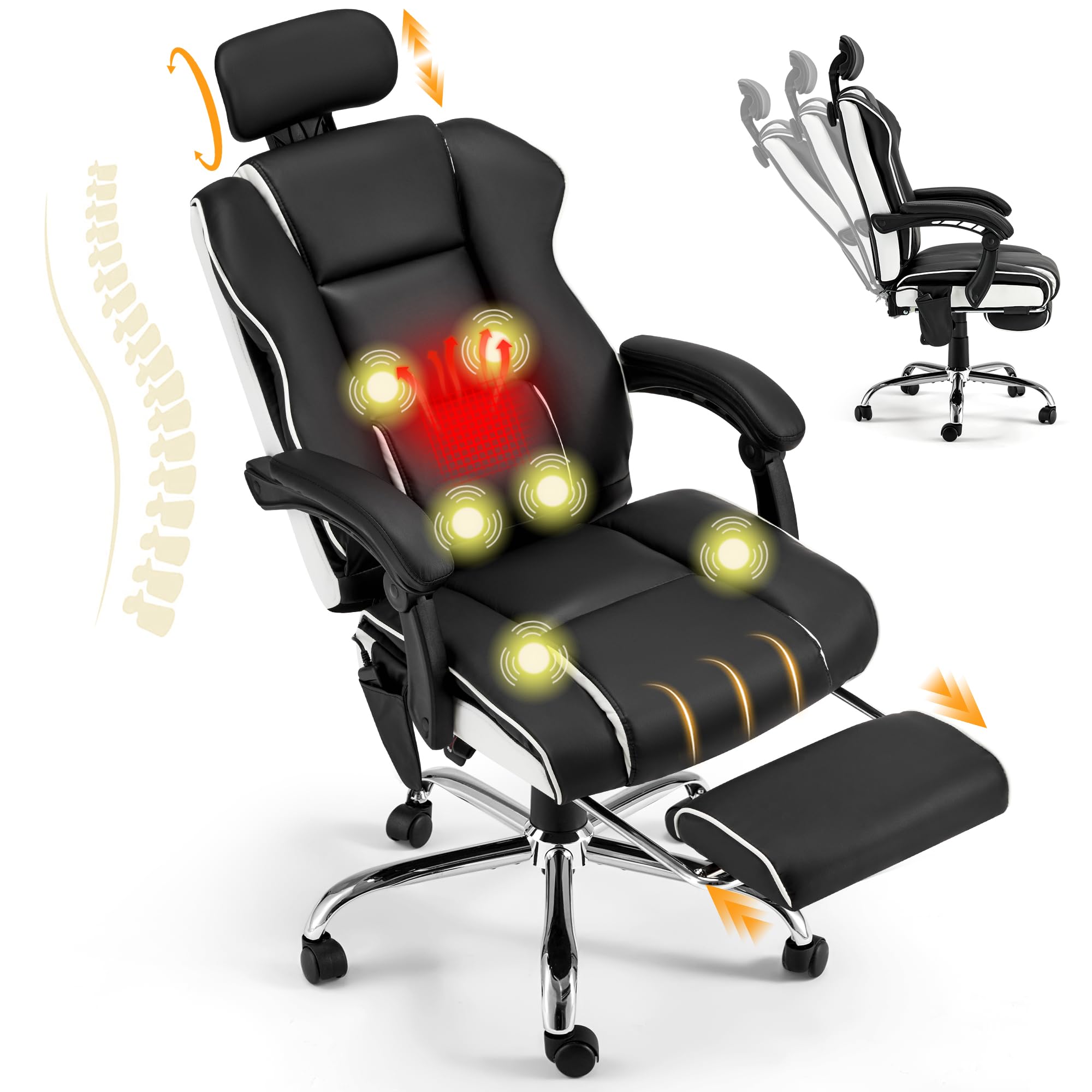 HOMREST 6-Point Ergonomic Massage Office Chair with Adjustable Footrest & Heated Reclining Backrest - Padded Armrest Executive Gaming Chair in Black - Perfect for Home Office, Workstation & PC Gaming Setup