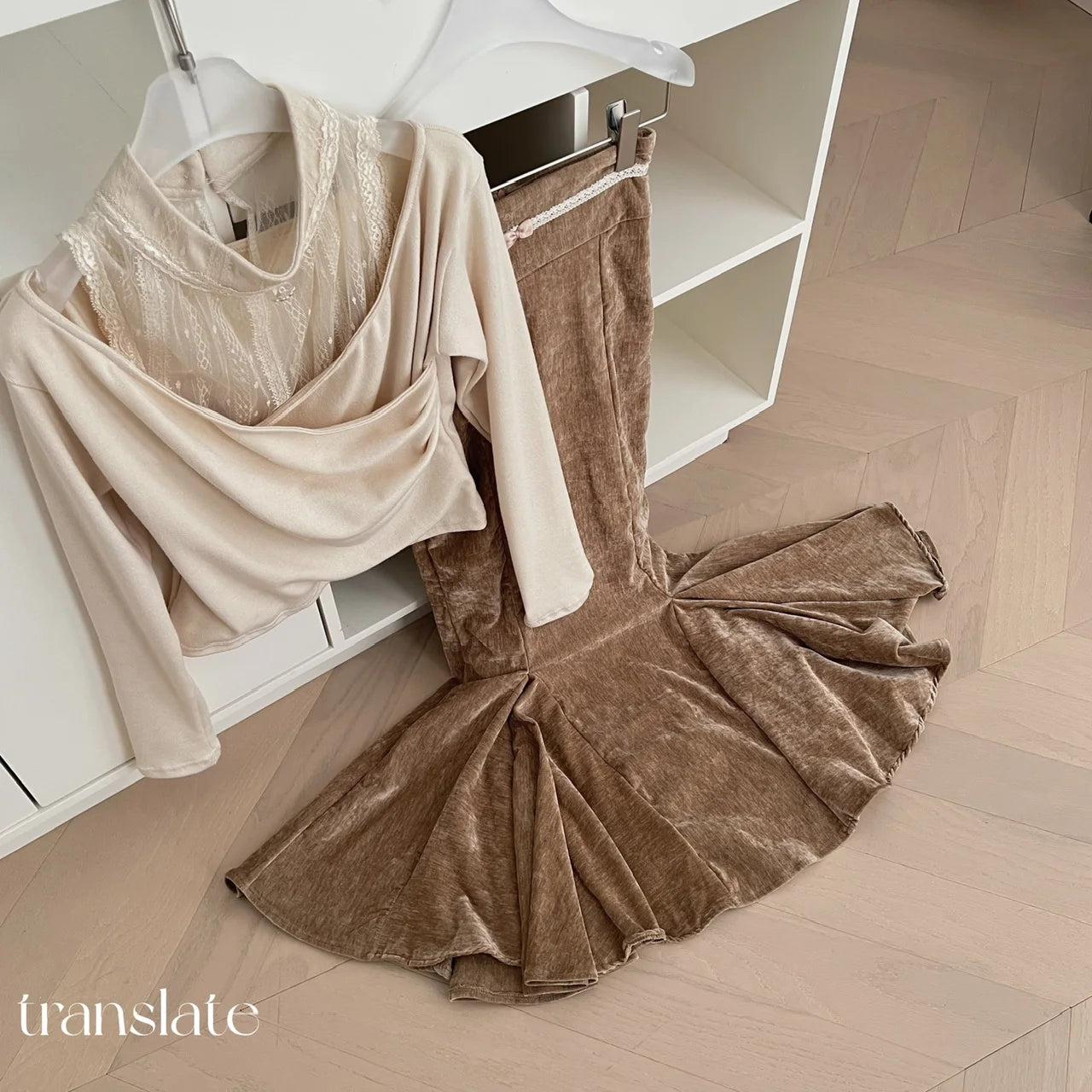 Women's Autumn Winter Fashion Outfit - Beige Patchwork Lace Long Sleeve Off Shoulder Top & Brown High Waist Pleated Skirt 2-Piece Set | Casual Date Night, Office Wear, Holiday Party Outfit