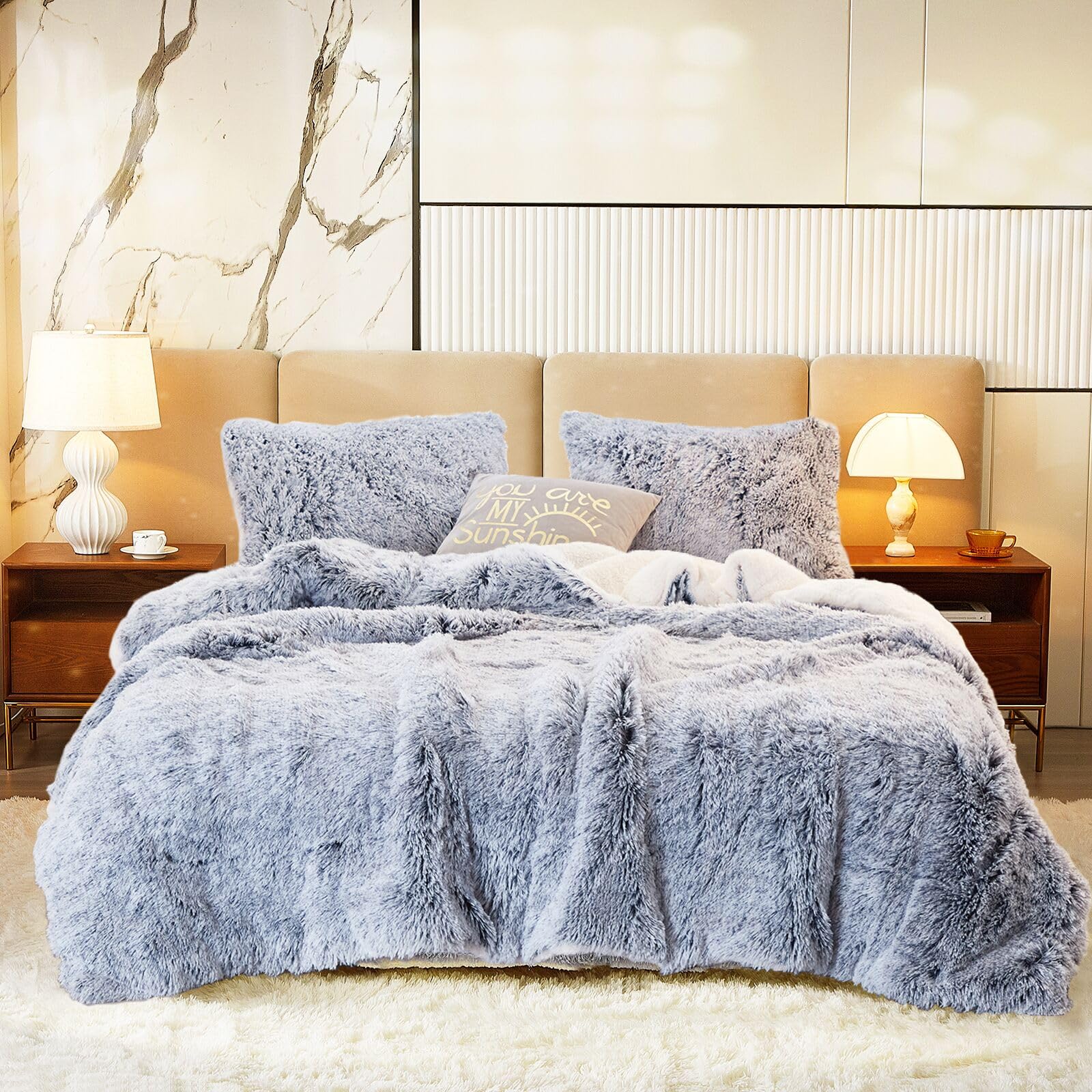 Luxury Faux Fur Shaggy Comforter Set Twin Size - Ultra Soft Plush & Sherpa Reversible Bedding in Grey/White - 3 Piece Fluffy Fuzzy Comforter with Pillowcases - Perfect for Winter Warmth & Cozy Bedroom Decor