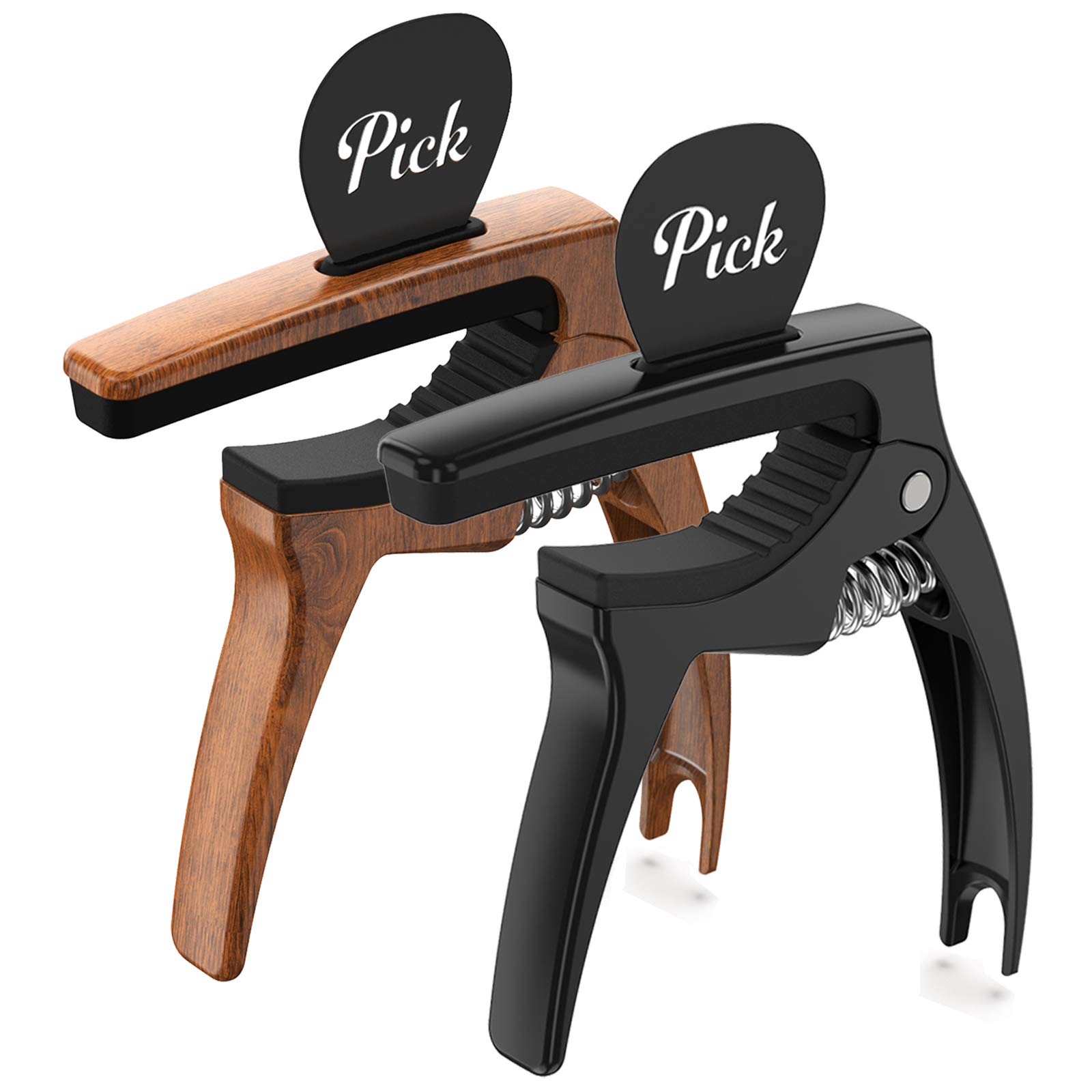 3-in-1 Guitar Capo for Acoustic & Electric Guitars with Pick Holder - 2 Pack Includes 6 Picks - Universal Ukulele Capo - Premium Strings Accessories (Black & Wood) - Perfect for Live Performances, Studio Recording & Practice Sessions