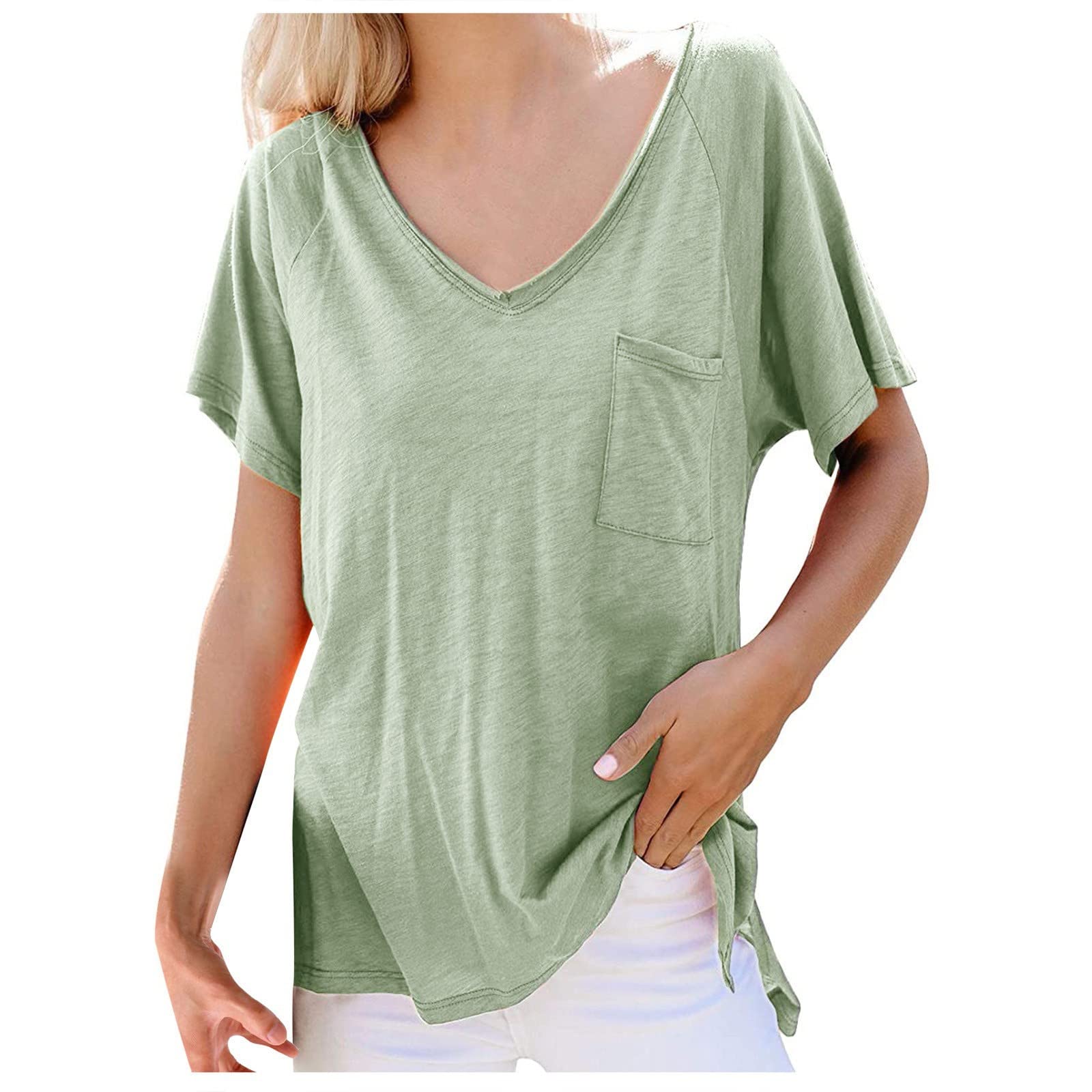 Women's Loose Fit V-Neck Short Sleeve T-Shirt with Pocket - Solid Color Casual Top for Everyday Wear, Work & Weekend Outfits