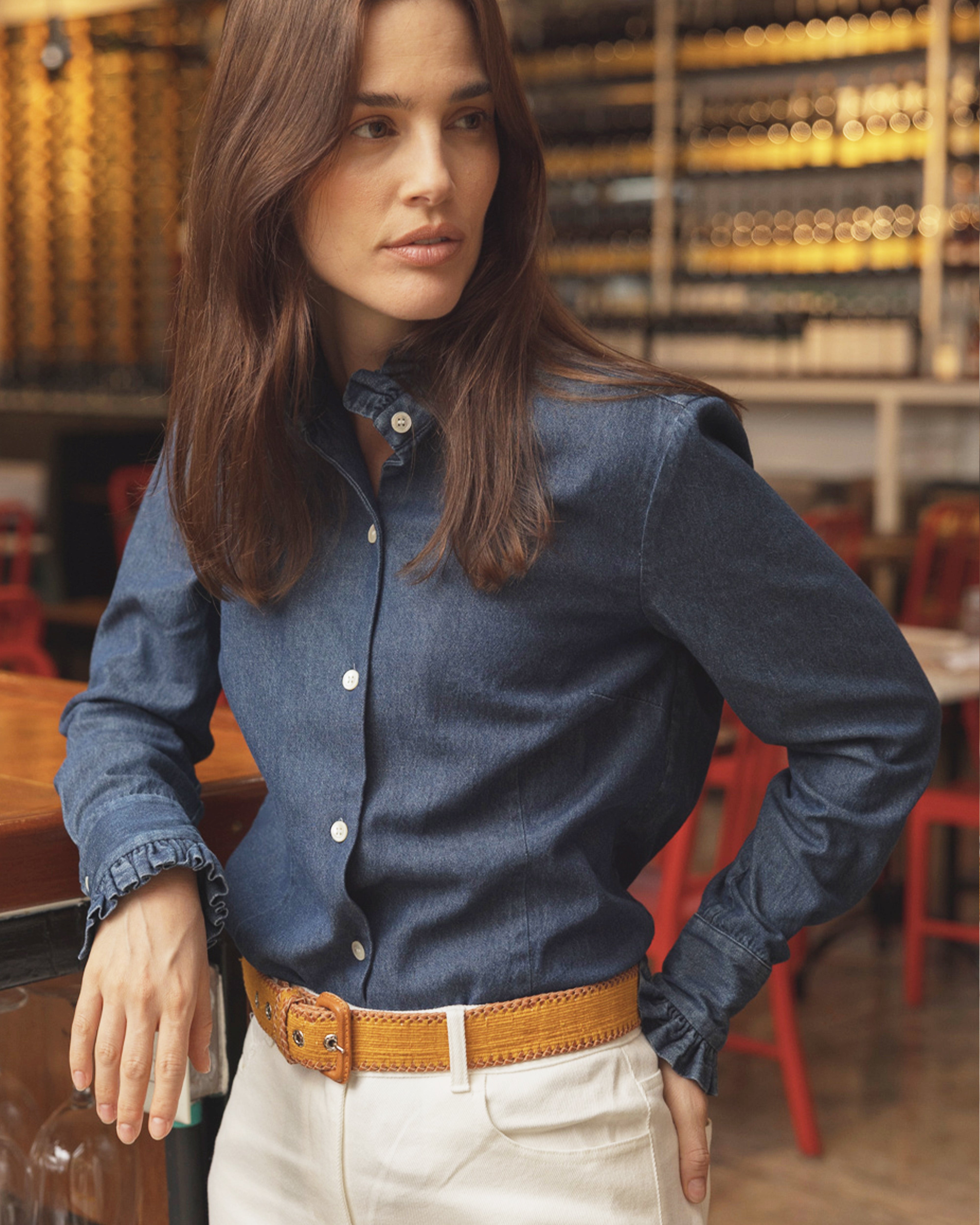 Women's Denim Ruffle Shirt - Stylish Casual Blouse with Frill Details for Spring & Summer | Perfect for Date Nights, Office Wear & Weekend Outfits