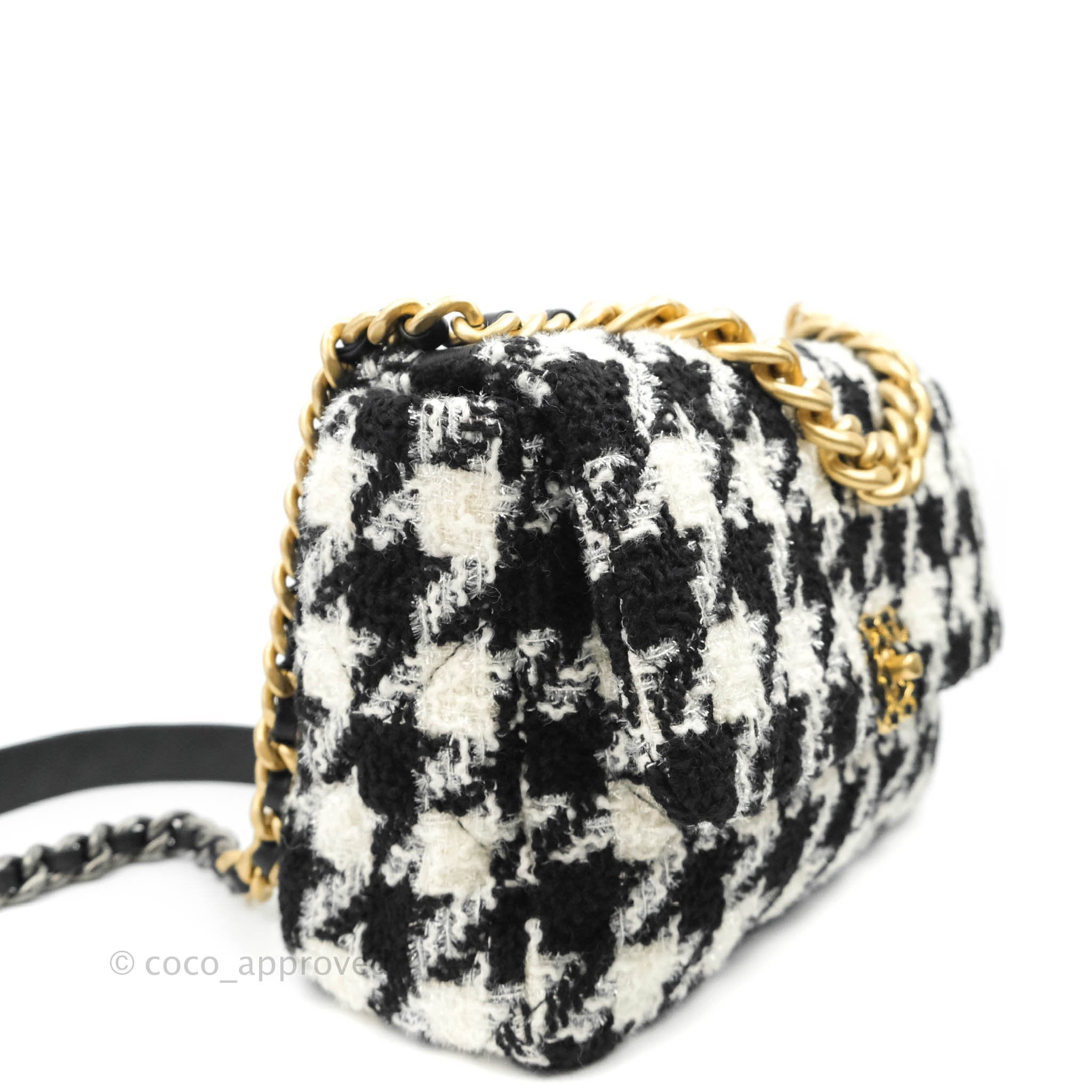 Chanel 19 Medium Flap Bag - Black & White Houndstooth Tweed with Mixed Hardware | Luxury Designer Handbag for Women, Perfect for Work, Parties & Special Occasions