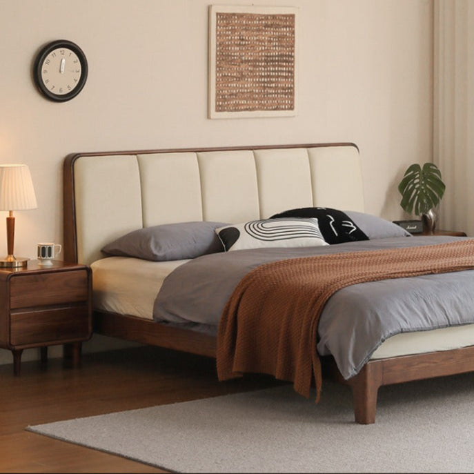 Solid Oak Wood Modern Platform Bed with Upholstered Headboard - Stylish and Durable Bedroom Furniture for Contemporary Homes