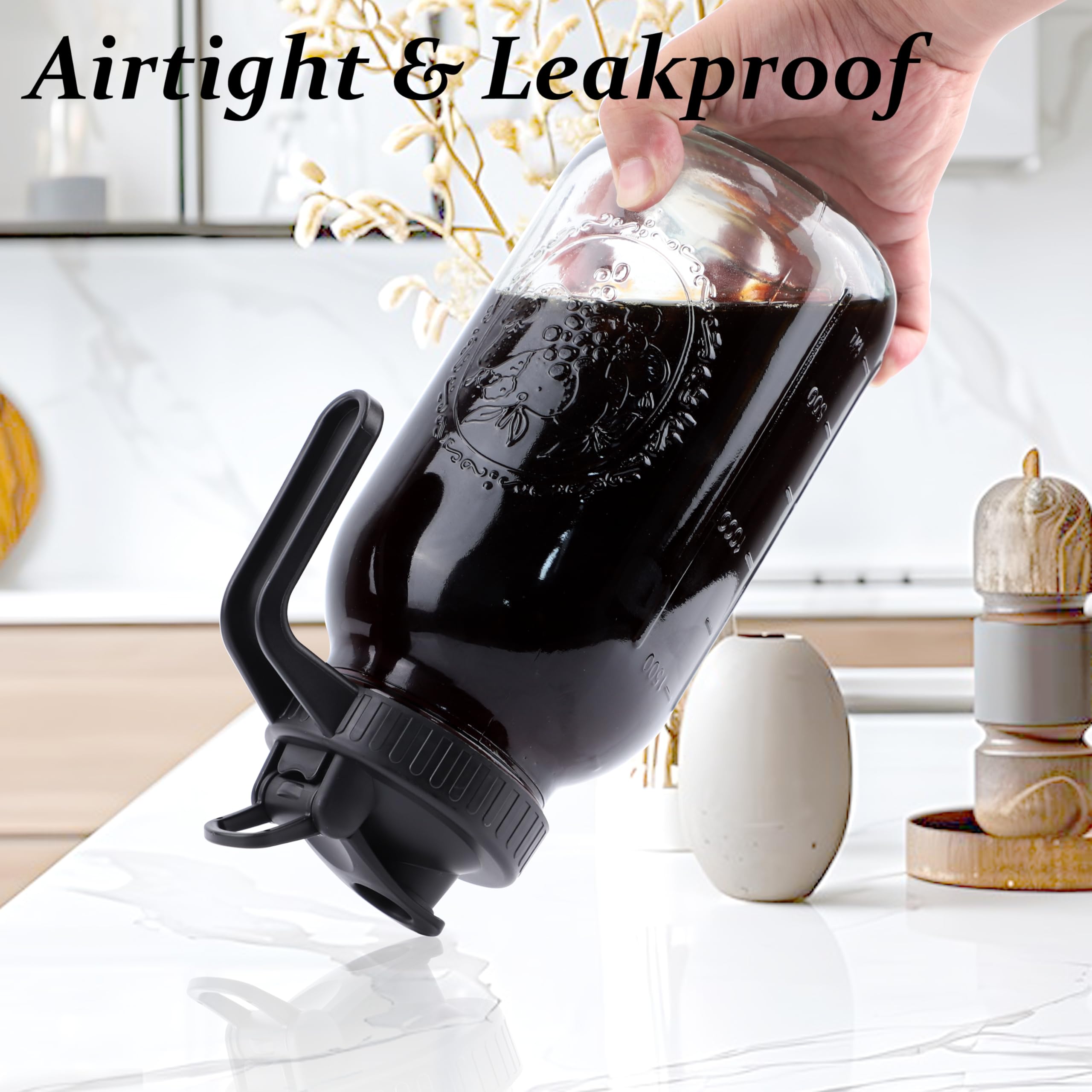 64 Oz Cold Brew Coffee Maker Set - 2 Half Gallon Glass Pitchers with Pour Spout Lids & Strainer - Wide Mouth Mason Jar for Iced Coffee, Lemonade, Milk - Perfect for Refrigerator Storage & Home Brewing
