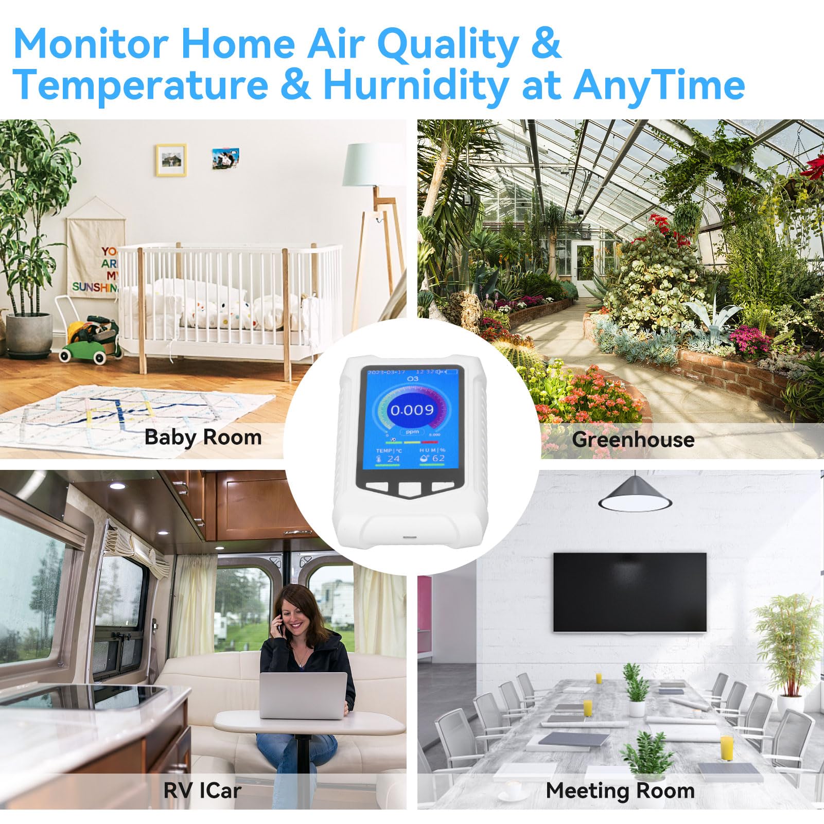 3-in-1 Air Quality Monitor with Ozone Detector, Temperature & Humidity Sensor - Portable USB Rechargeable O3 Gas Meter for Home, Office & Travel - Perfect for Indoor Air Pollution Testing & Smart Home Monitoring