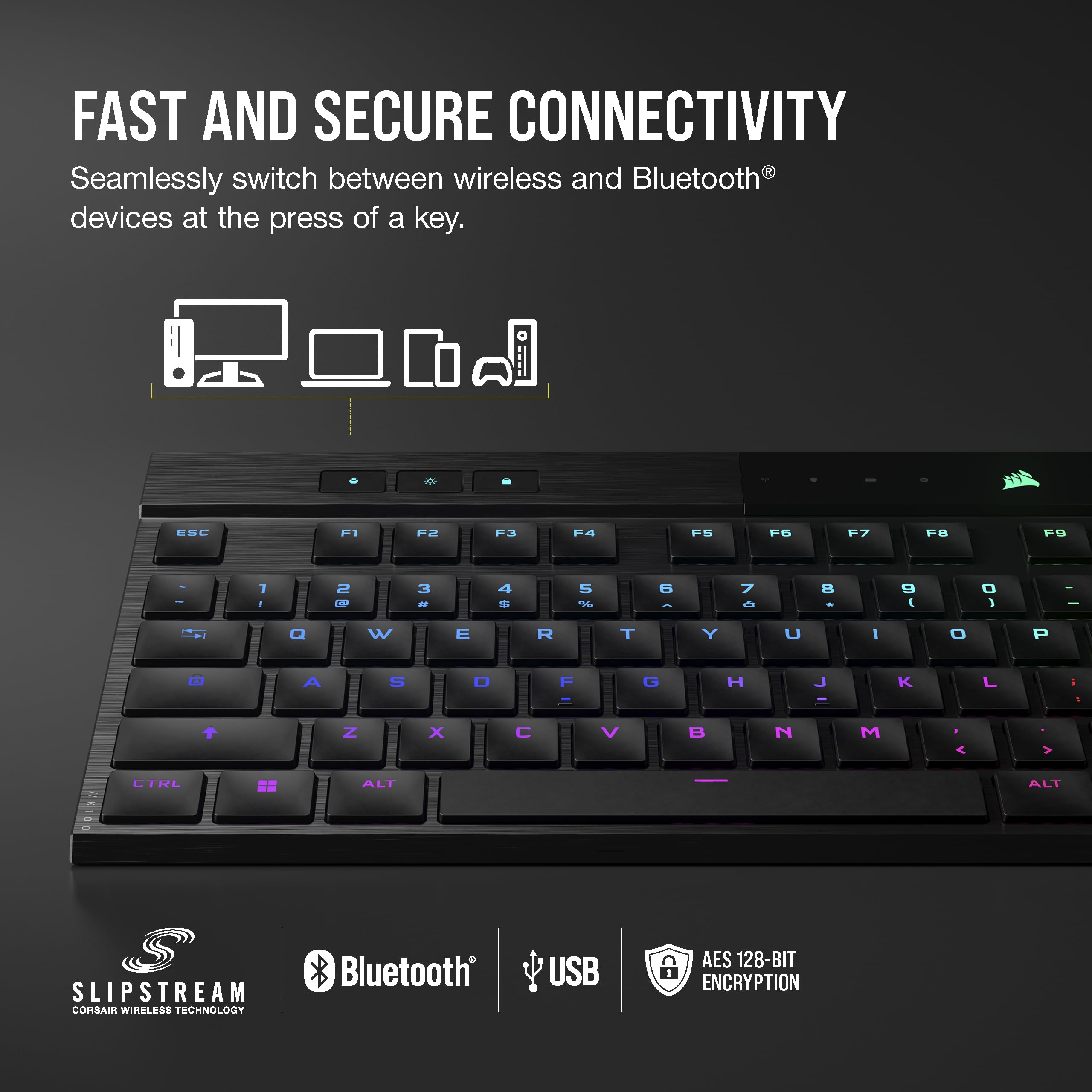 Corsair K100 AIR Wireless RGB Mechanical Gaming Keyboard - Ultra-Thin, Sub-1ms Slipstream, Low-Latency Bluetooth, Cherry MX Ultra Low Profile Keyswitches - NA Layout, QWERTY - Black | Perfect for Esports, Streaming & Office Work