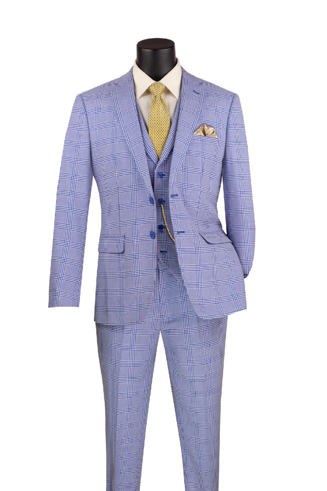 Light Blue Glen Plaid Slim Fit 3-Piece Suit with 2 Buttons | Formal Business Attire & Wedding Outfit for Men