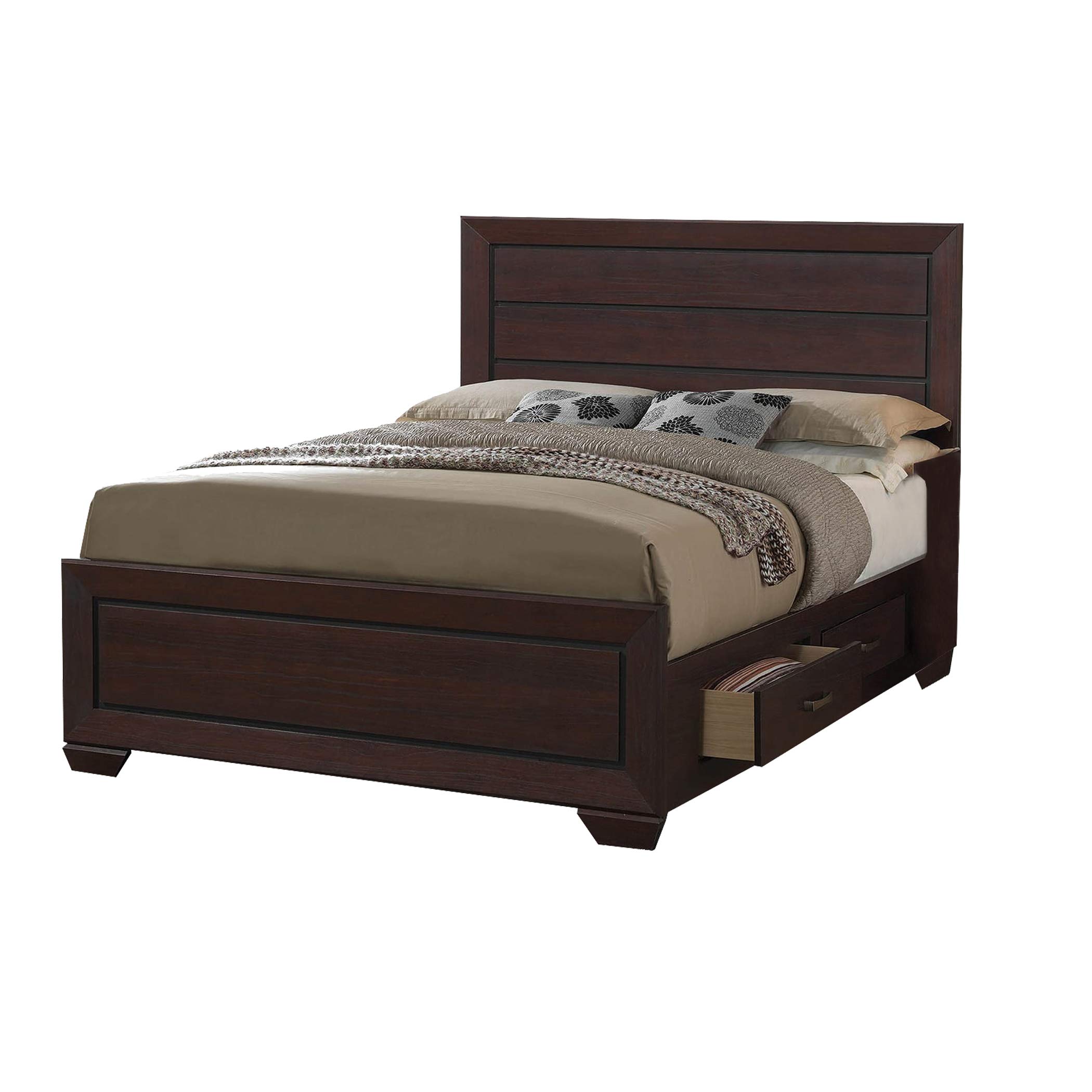 Benjara Solid Wood Queen Size Bed Frame with 4 Spacious Storage Drawers - Dark Brown Finish | Perfect for Small Bedrooms & Guest Rooms