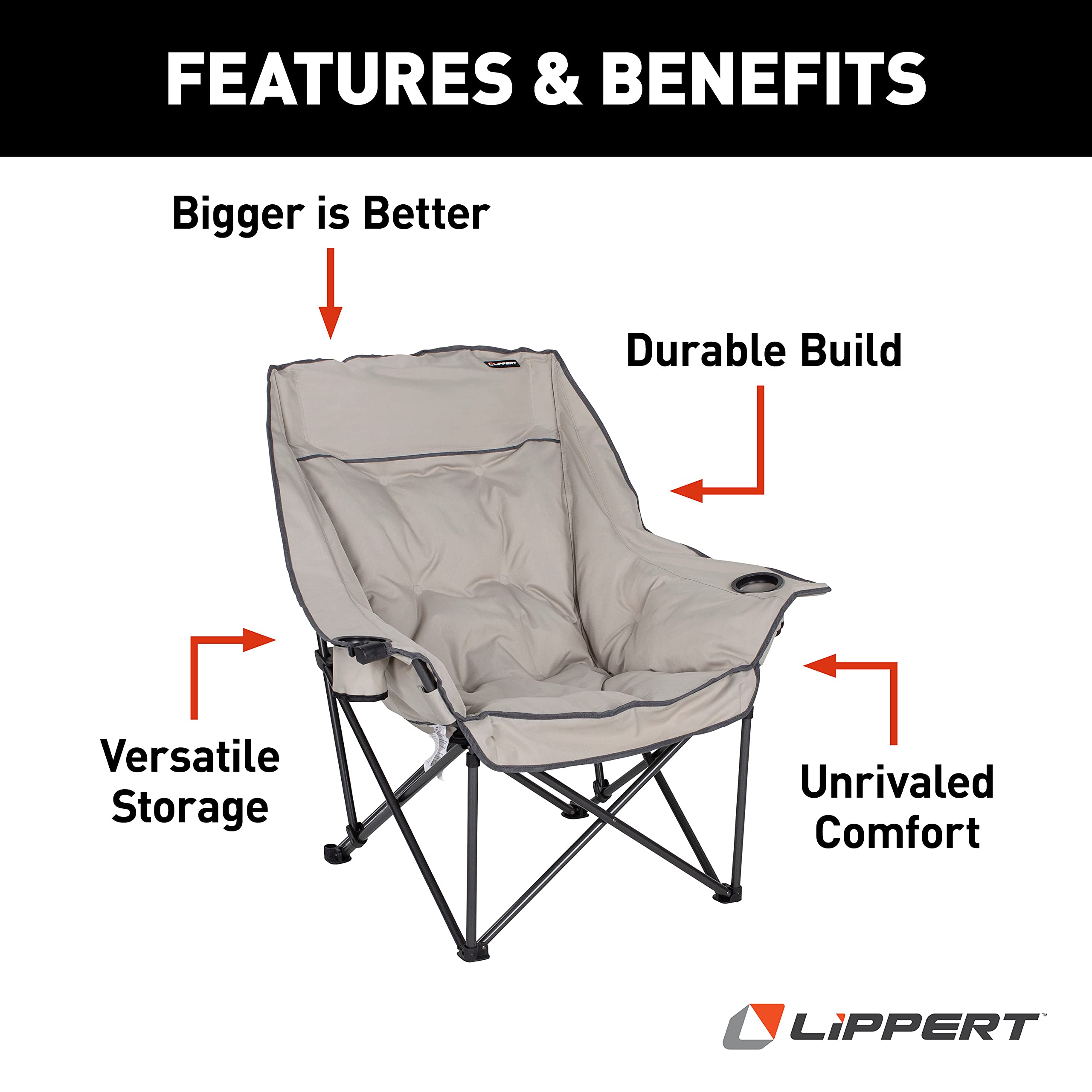 Lippert Big Bear Heavy Duty Camping Chair - 400 lb Capacity, Durable Mesh Fabric, High-Loft Cushion, Carry Bag, Dual Cup Holders & Wine Glass Holder (Sand) - Perfect for Outdoor Camping, Picnics, Beach Trips, and Backyard Relaxation