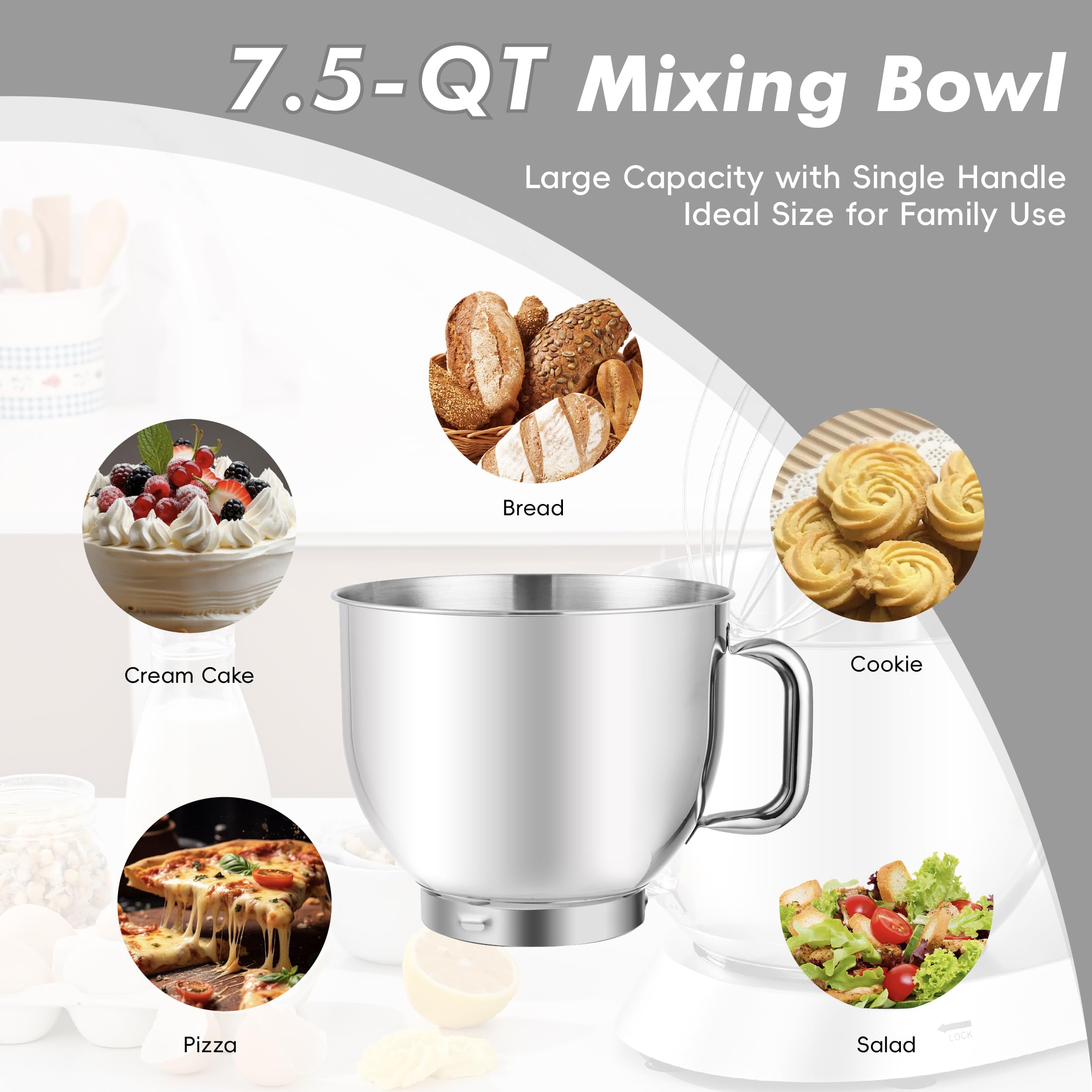 900W 7.5QT Stand Mixer - 6-Speed Tilt-Head with Dough Hook for Baking (Silver) - Perfect for Home Bakers