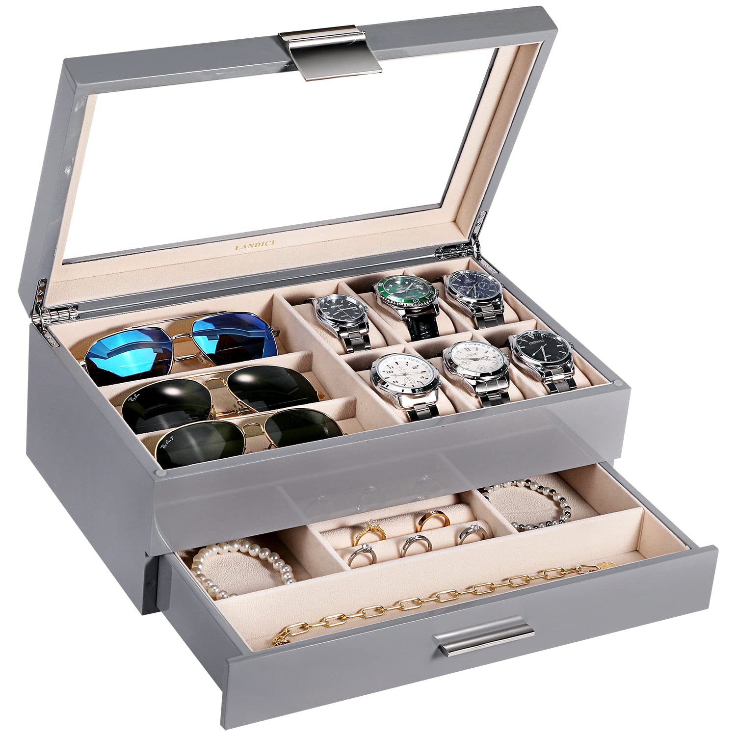 Premium 2-Layer PU Leather Watch Box Organizer for Men & Women - Large Jewelry Storage Case with Display Holder for Watches, Sunglasses, Bracelets, Necklaces & Rings (Grey & Apricot) - Perfect for Home, Office & Travel Organization