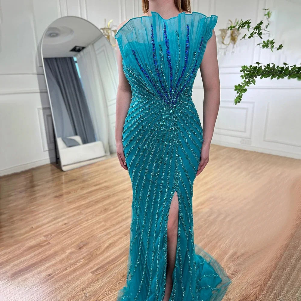 Elegant Green Mermaid Evening Gown with High Split & Off-Shoulder Beaded Design - Luxury Dubai Party Dress for Women 2025 (LA72049) | Perfect for Prom, Gala, Wedding & Formal Events