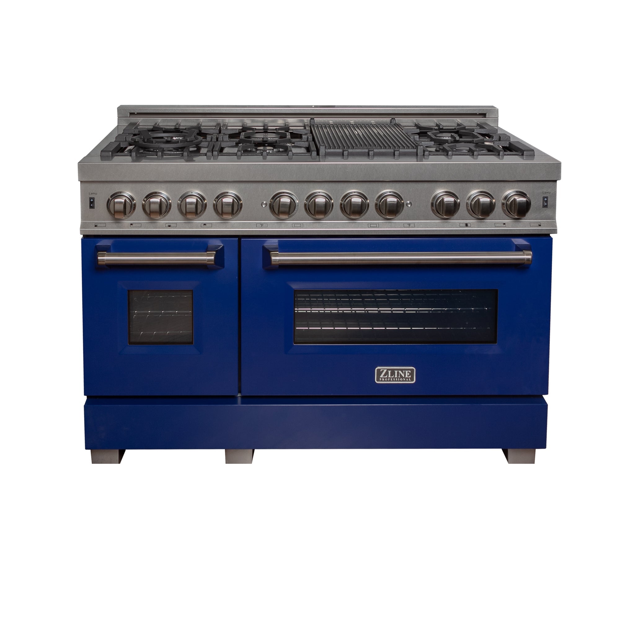 ZLINE 48-Inch 6.0 cu. ft. Dual Fuel Range with 7-Burner Gas Cooktop & 2 Electric Ovens - Satin Stainless Steel & Blue Gloss Doors (RAS BG 48) - Perfect for Modern Kitchens & Professional Cooking