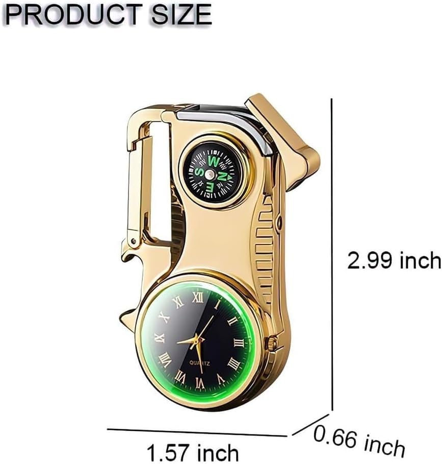 Metal Torch Lighter with Clock Dial & Compass - Refillable Butane, Adjustable Flame, Red Fire for Camping, Hiking, BBQ & Outdoor Adventures - Cool Multifunctional Keychain Lighter for Men & Women