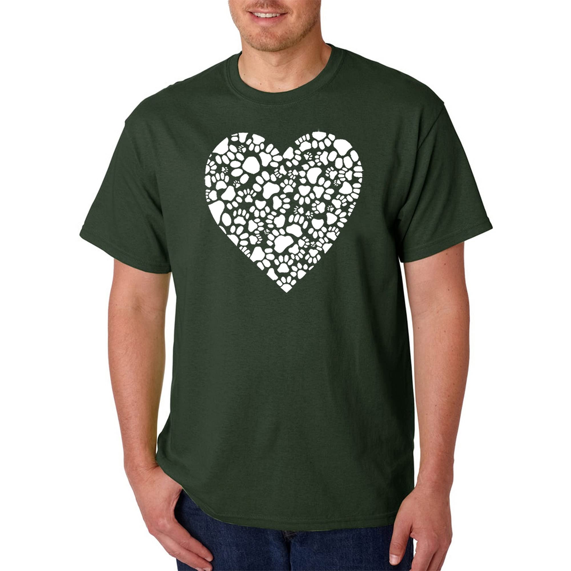 LA POP ART Men's Word Art Graphic T-Shirt - Paw Prints Heart Design | Casual Streetwear for Dog Lovers | Perfect for Date Nights & Pet Owner Gifts