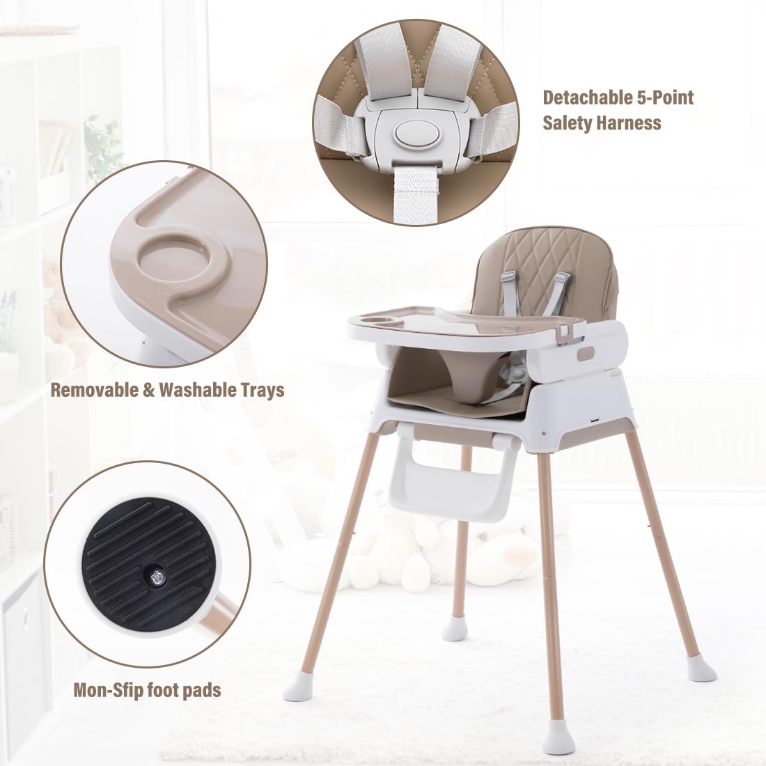3 in 1 Adjustable Baby High Chair - Convertible Infant Feeding Chair with Detachable Tray & 5-Point Safety Harness | Khaki Color | Perfect for Home Dining, Kitchen & Travel Use